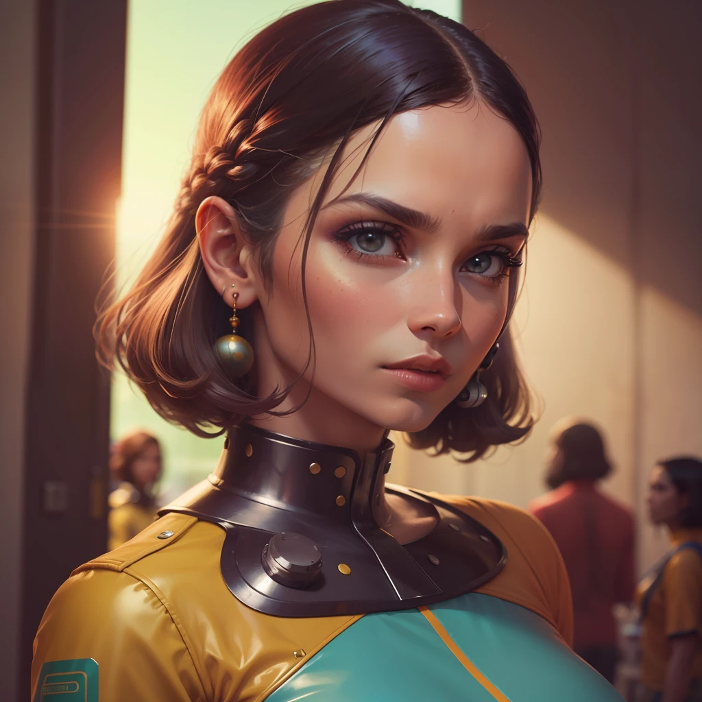 4k image from a 1970s science fiction film, Imagem do filme de Wes Anderson, pastels colors, people wearing retro-futuristic fashion clothes and futuristic technological ornaments and devices, luz natural, cinemactic, Psicodelia, retro-futurista, photo-realistic, pele de cera, olhos perfeitos, perfect hands, cabelo perfeito, ricos detalhes do rosto, hiper detalhado, hyper realistic, textura real da pele, texturas de tecido real, Sharp background details, sharp render.