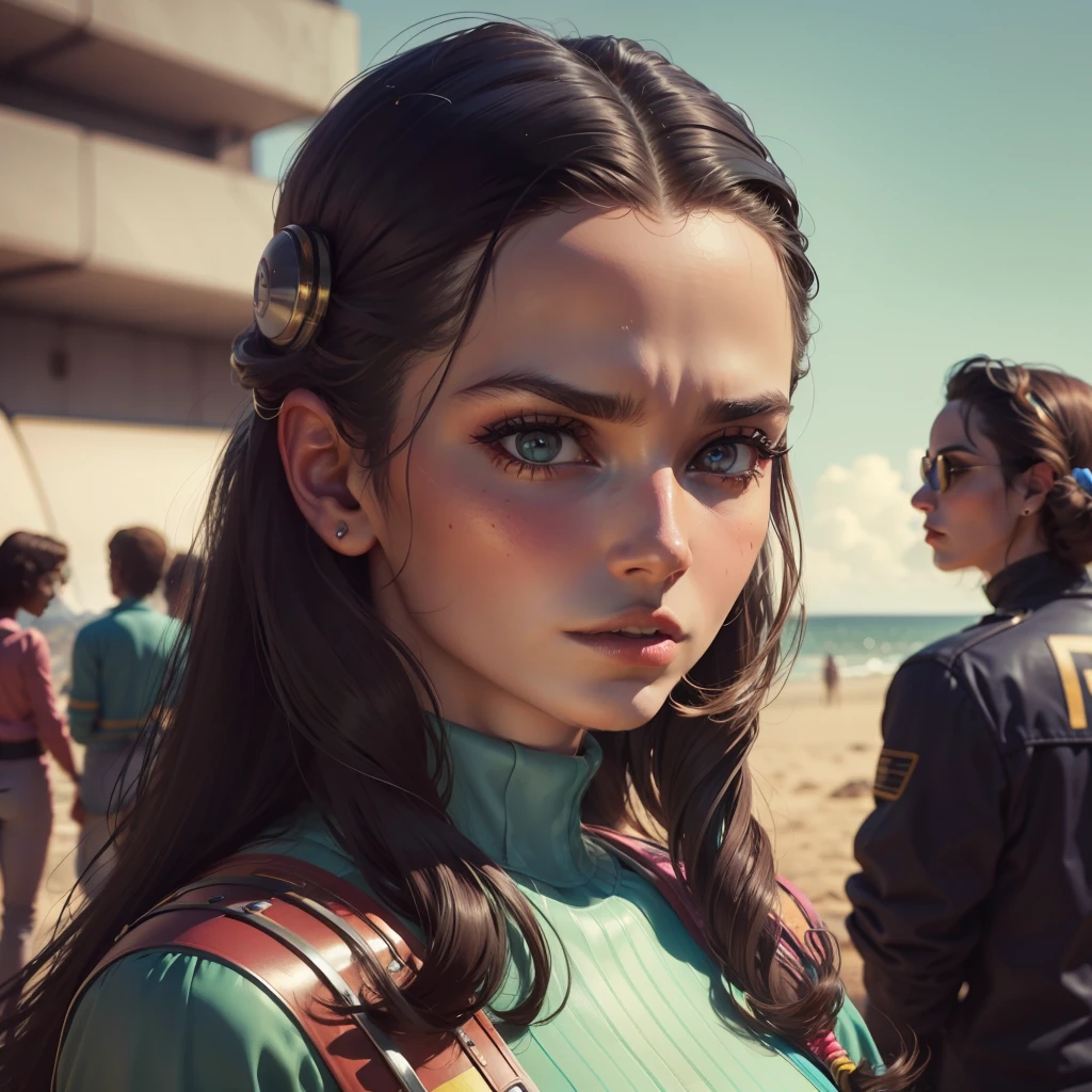 4k image from a 1970s science fiction film, Imagem do filme de Wes Anderson, pastels colors, people wearing retro-futuristic fashion clothes and futuristic technological ornaments and devices, luz natural, cinemactic, Psicodelia, retro-futurista, photo-realistic, pele de cera, olhos perfeitos, perfect hands, cabelo perfeito, ricos detalhes do rosto, hiper detalhado, hyper realistic, textura real da pele, texturas de tecido real, Sharp background details, sharp render.