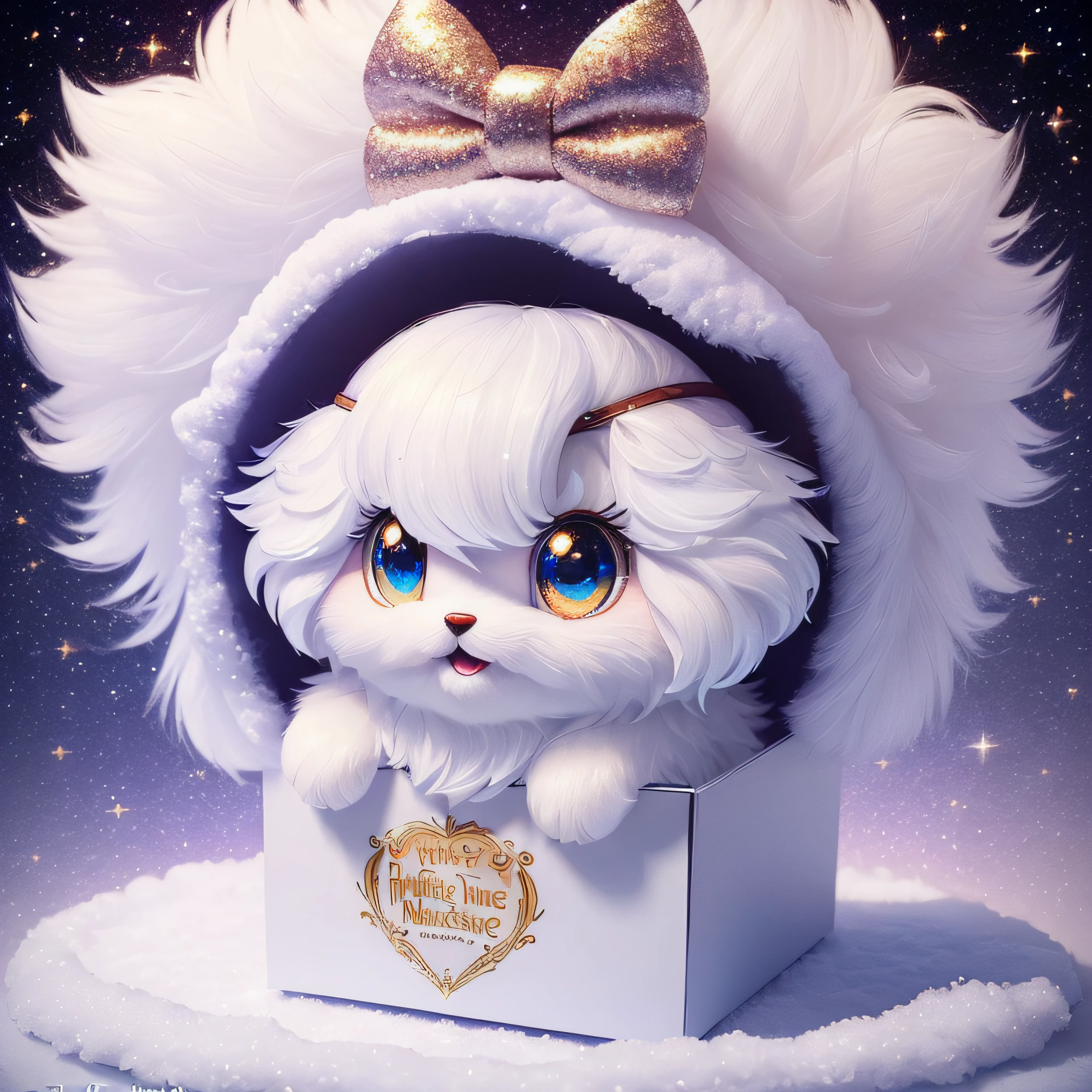 ((best qualtiy)), ((tmasterpiece)), (the detail:1.4), 3D, critters,Snow-white big-headed puppy,Moe,Hair and its fluffiness,The eyes are big,having fun,Facing the camera squarely,(Warm background,Gift box,Glitter),Frontal fill light --auto