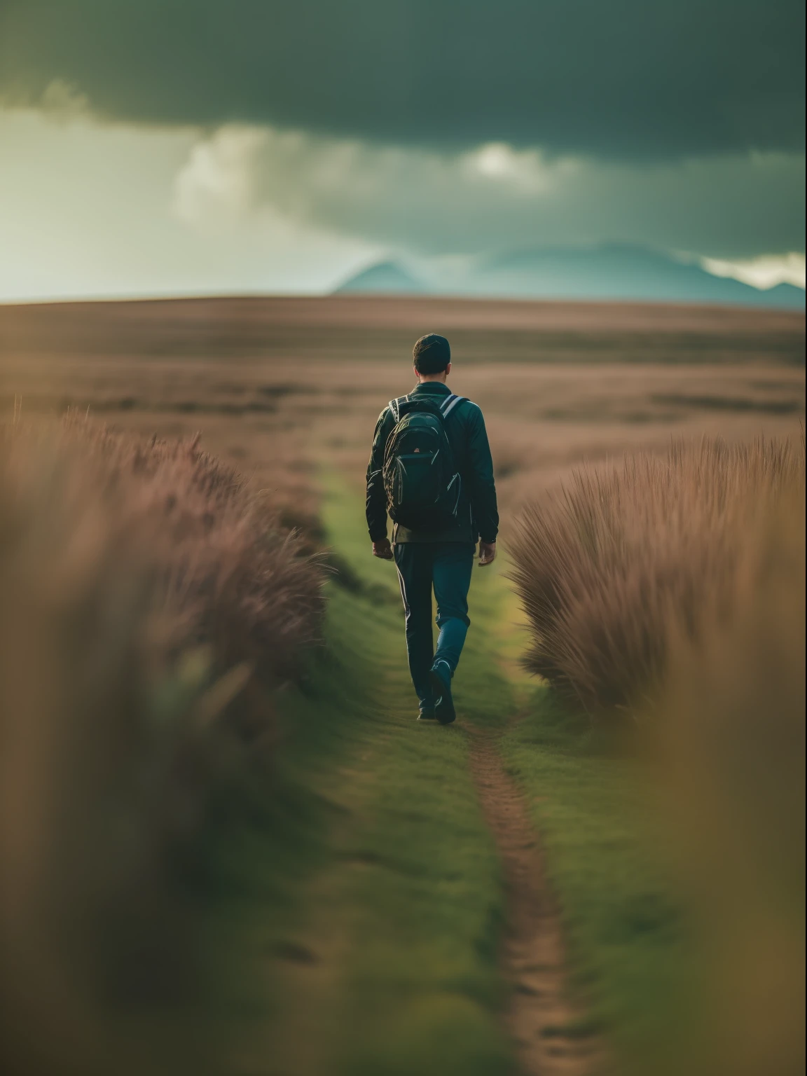 Young man walking alone in the mountains，He looked into the distance, Realistic, Ultra photo realsisim, Hyper-cinematic, ultra photo，