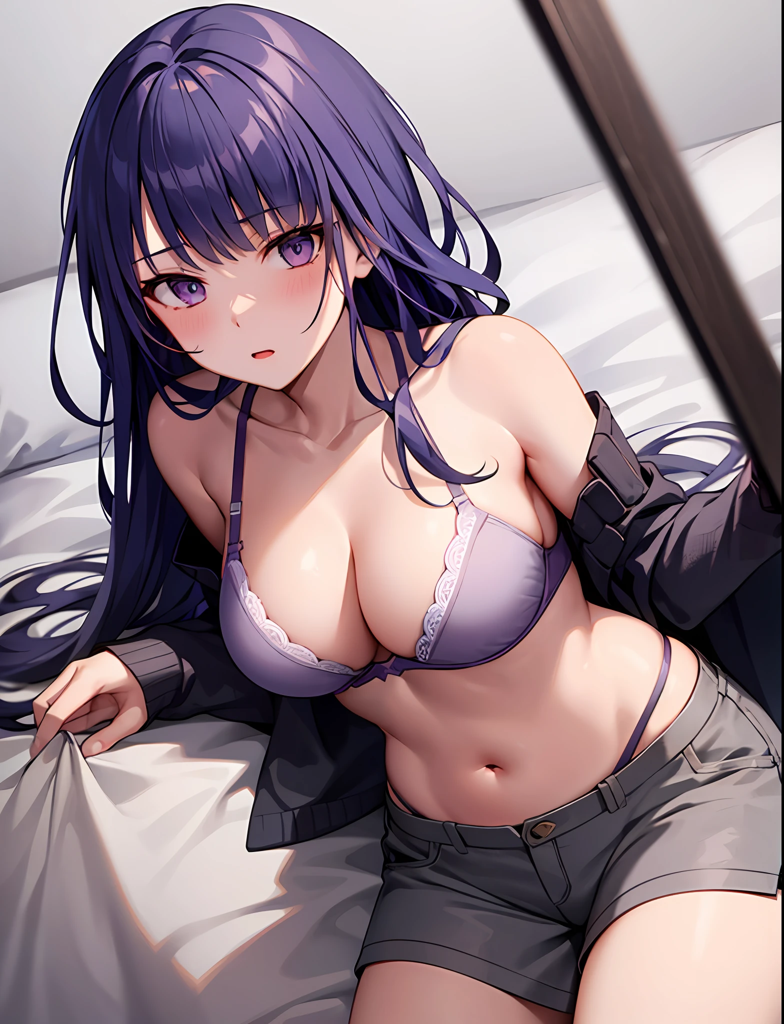 1raiden shogun, POV, Brown Haired Beautiful Woman in Grey Shorts and Bra, lying next to you on a bed, over top angle,