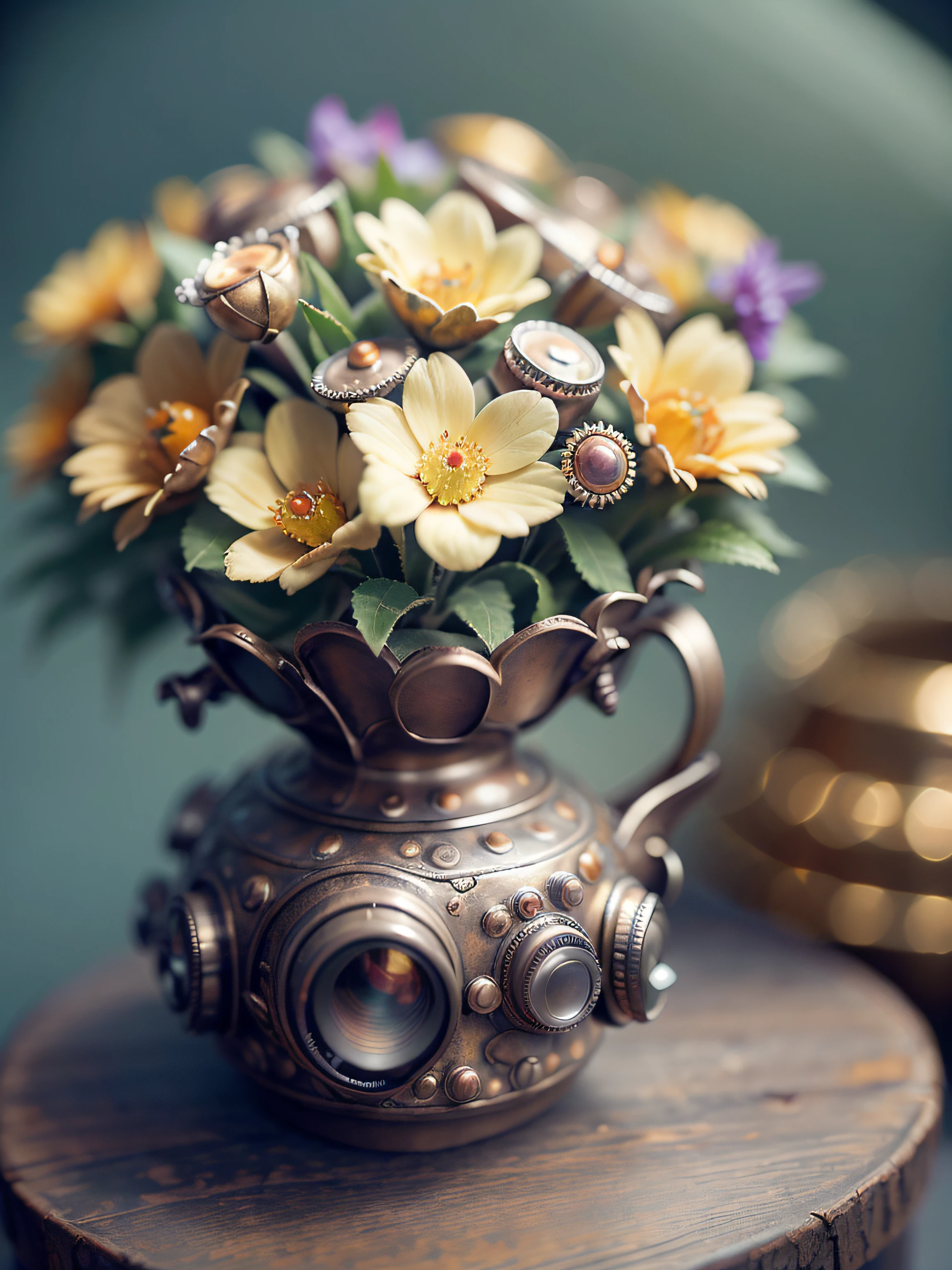 close up photo ((orthogonal front view)) of a compact still life with decorative items and jewelry, flowers, etc. RAW, analog style, cinematic lighting, contrast lighting, dslr, photorealistic, hyperrealistic, neutral colors, lifelike texture, insanely intricate details, amazing fine detail, hyper detailed, film grain, sharp focus, volumetric fog 8k, ultra high res, photographed with Nikon d5600 f5.6 lens 500mm, Kodak portra 400