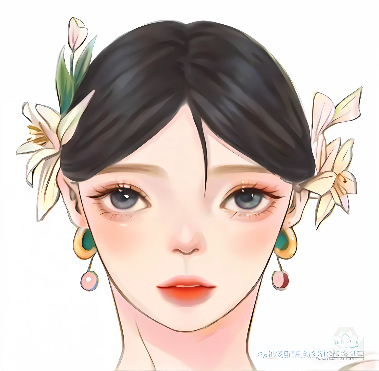 There is a painting of a woman with flowers in her hair, her face looks like an orchid, in the art style of bowater, Kawaii realistic portrait, beautiful drawing style, Cute natural anime face, in an anime style, inspired by Ma Yuanyu, a beautiful anime portrait, by Yang J, flowers on the cheeks of the heir, Beautiful anime style, anime realism style