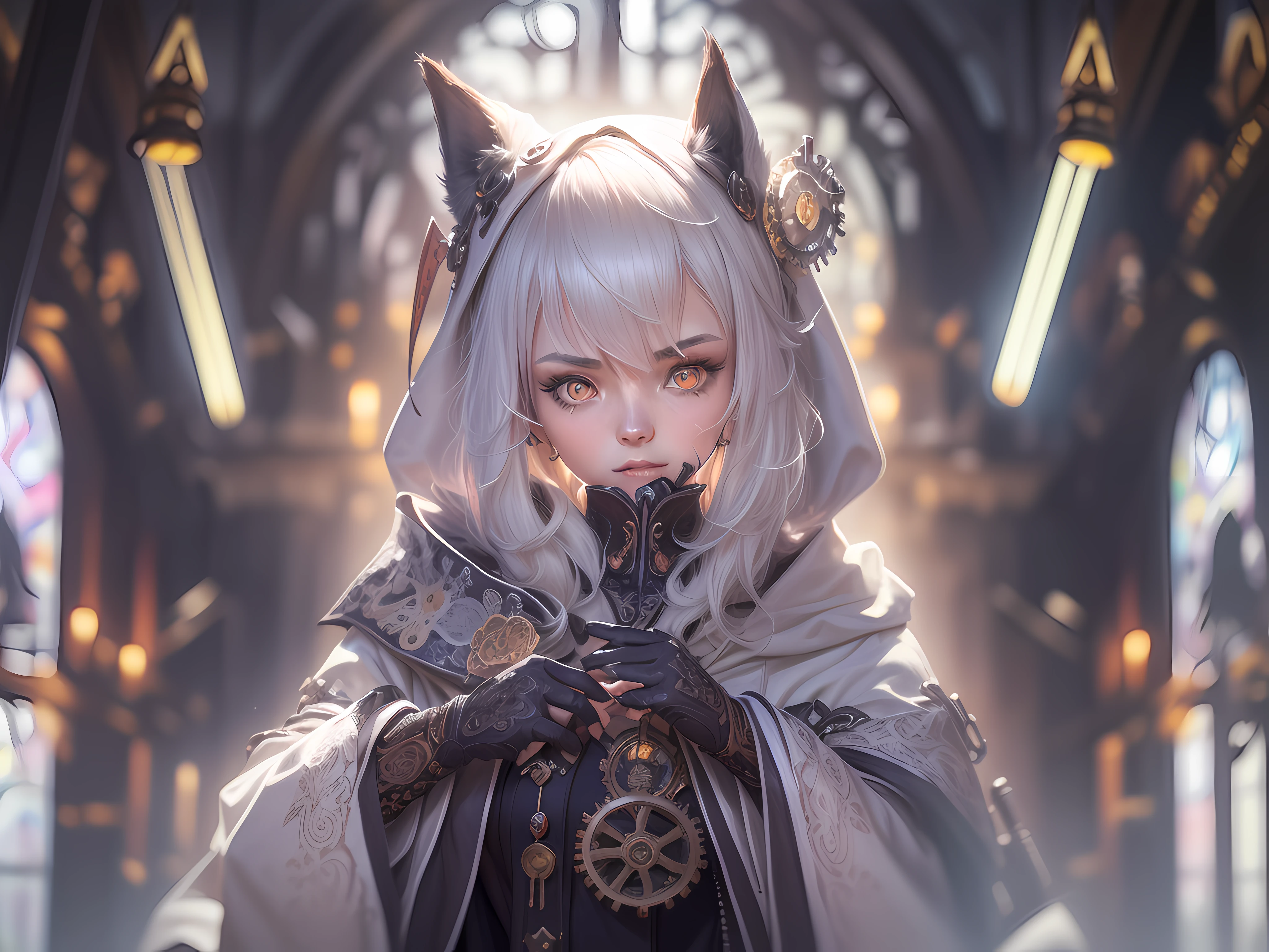 model. (1 japan girl, ember color fox ear, short silver hair,  (small breasts:1.3), (small head), pale skin, ((platinum hair color)), wearing cloth, wearing black cloak with gears (long robes, magical robes, technical wearing). dark church background, mechanism gears, industry technology, automaton, electric sparks cinematic atmosphere. ((amber eyes high quality, high quality face)), (extremely intricate robes, magical robes), Dynamic action poses in battle scenes, very complex and casting black flame, swirling fire, radiating power, smoke, magic black flame ((dramatic)), bokeh, gothic, ember particles, skulls and lit candles red glow, shadows, top camera angle, (detailed eyes:1.3), (detailed face:1.3), (perfect hands:1.3). realistic shadows, ultra detailed high resolution, sharp focus, depth of field, (Masterpiece:1.2) (photorealistic:1.2) (best quality) (intricate details) (High Poly) (Raytracing), (neutral colors:1.2), (hdr:1.4), (muted colors:1.2), hyperdetailed, (artstation:1.4), cinematic, cold lights, dramatic light, (intricate details:1.1), (teal and orange:0.4)", detailed background, (steam-punk theme:1.1) determined expression, floating lights.