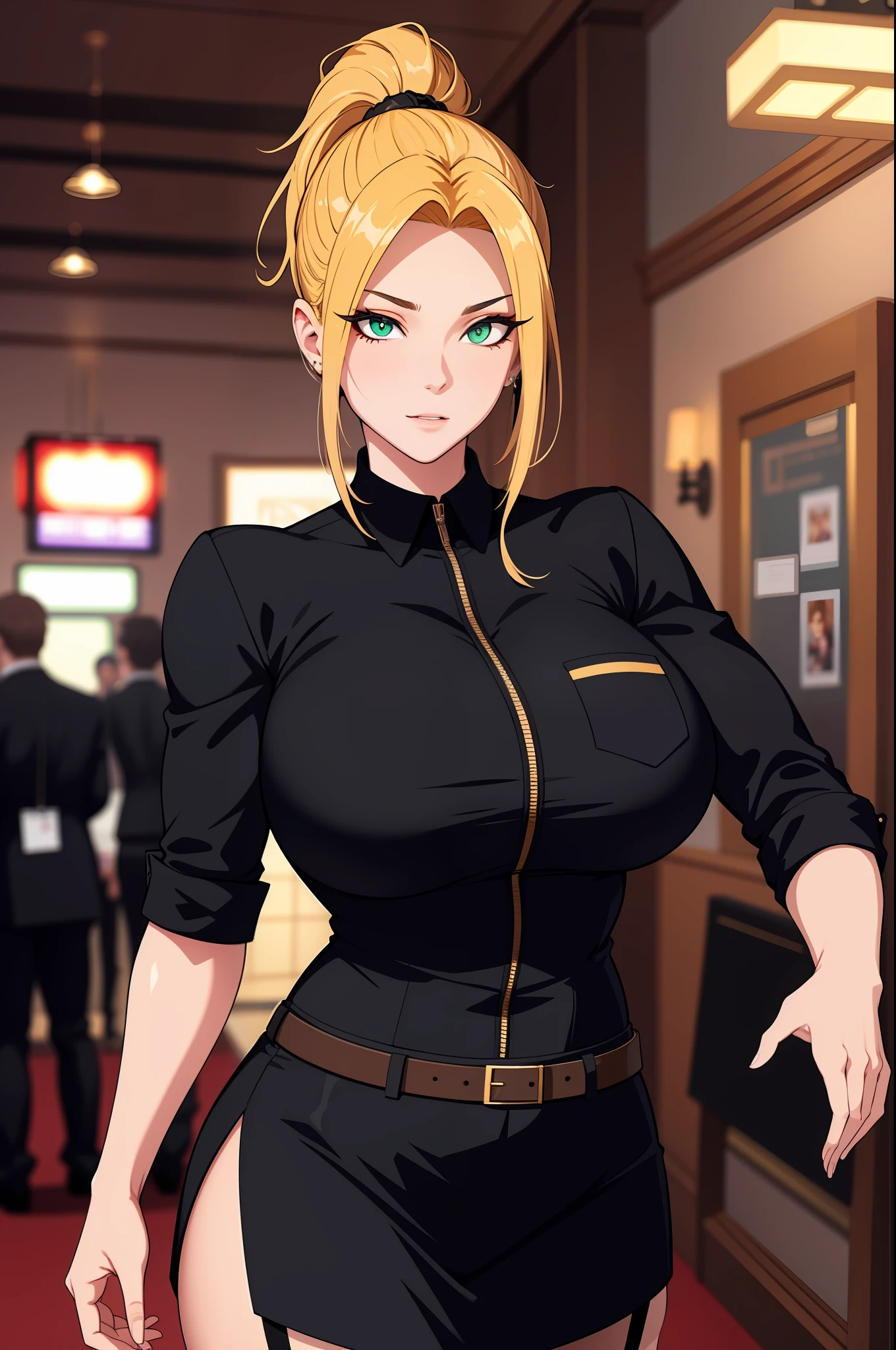 （tmasterpiece，A high resolution，best qualtiy：1.2），8K，highly  detailed，复杂，rich colourful，vibrant image，Clear focus，cinematic ligh） blond hairbl，long whitr hair，Green eyes，body builder （Wear black business attire，black_Collared shirt cropped jacket，tiese，tiese，Black frilled skirt，a garter belt，Leather belt） （Large, Perfect round breasts，Hourglass body，Big breasts Thin waist，Very thin waist， photograph realistic，（hyper realisitc：1）big breasts beautiful， tmasterpiece，Best quality at best，extremelydetailedface，s the perfect face，beauitful face，Perfect lighting，Detailed eye makeup，Details of the face，Nice detail eyes，pretty hand，perfect hand，glowing light eyes（realistic pupil，Realistic iris：1）Heavy eye makeup，（empty Casino）（Posing dynamically）High ponytail