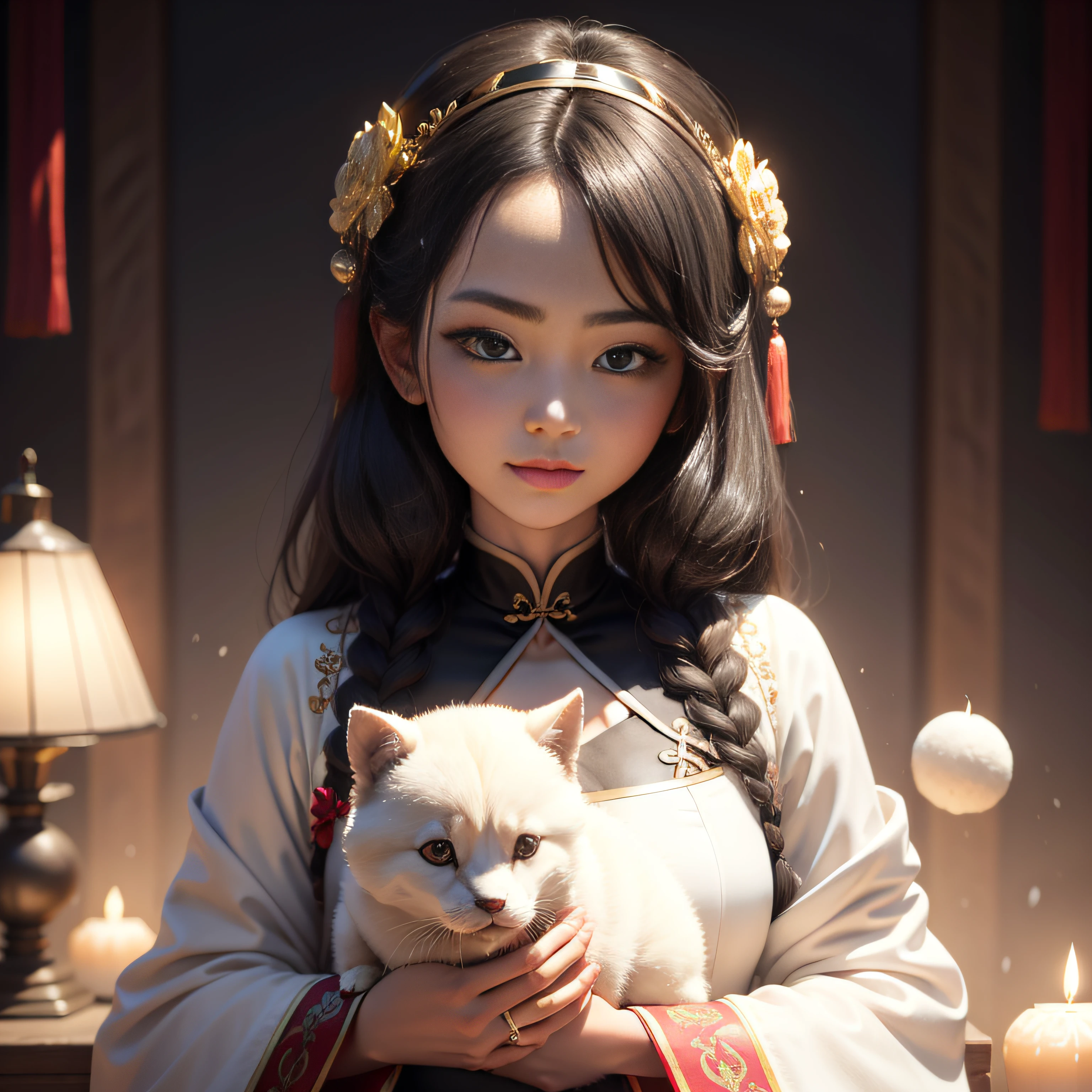 A beautiful woman holds a snow-white big-headed puppy，Moe，Hair and its fluffiness，The eyes are big，having fun，Facing the camera squarely，best qualityer， tmasterpiece， A high resolution， Wuxia 1girl， Be red in the face， （seduct smile：0.8）， star-shaped bule pupils， Chinese Hanfu， hair adornments， choker necklace， jewely， beautiful  face， upon_body， Tyndall effect， realisticlying， dark studio， edge lit， twotonelighting， （highdetailskin：1.2）， 8K  UHD， digital SLR camera， gentle illumination， high high quality， Volumetriclighting， Frankness， photore， A high resolution