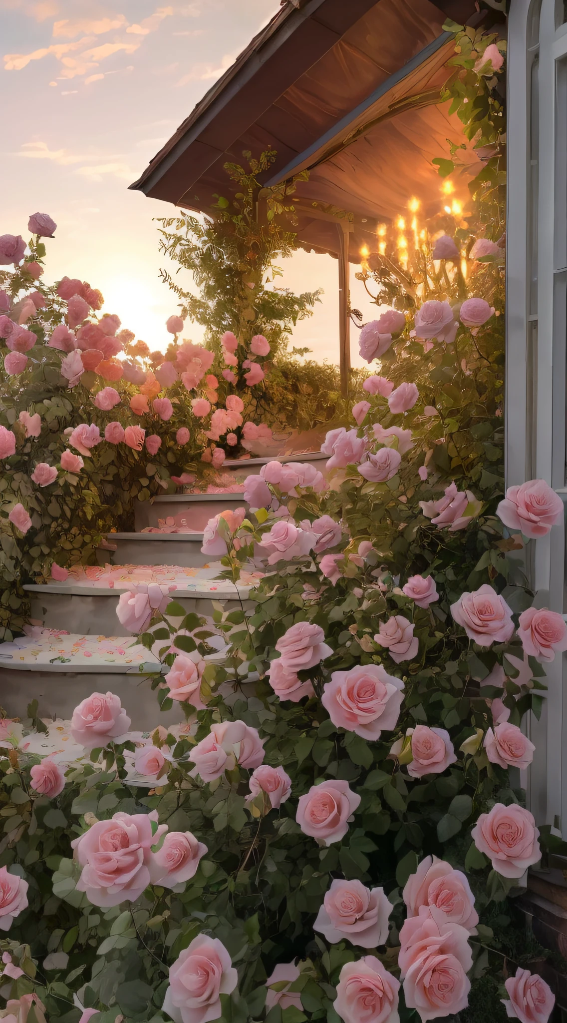 A bush of pink roses outside the house, beautiful and aesthetic, soft pink, beautiful aesthetic, roses in movie lights, lush flowers outdoors, nature and floral aesthetics, rose garden, roses, portal made of roses, beautiful images, roses, fantastic aesthetics, in a cottage core garden, pink golden hour, (masterpiece:1.6, best quality), (fine detailed beautiful eyes: 1.2), (extremely detailed CG unity 8k wallpaper, masterpiece , super detailed, best shadows), (detailed background), high contrast, (best lighting, extremely delicate and beautiful), ((color paint splatter on transparent background, Dulux,)), ((caustics) ), dynamic angles, beautiful detail glow,