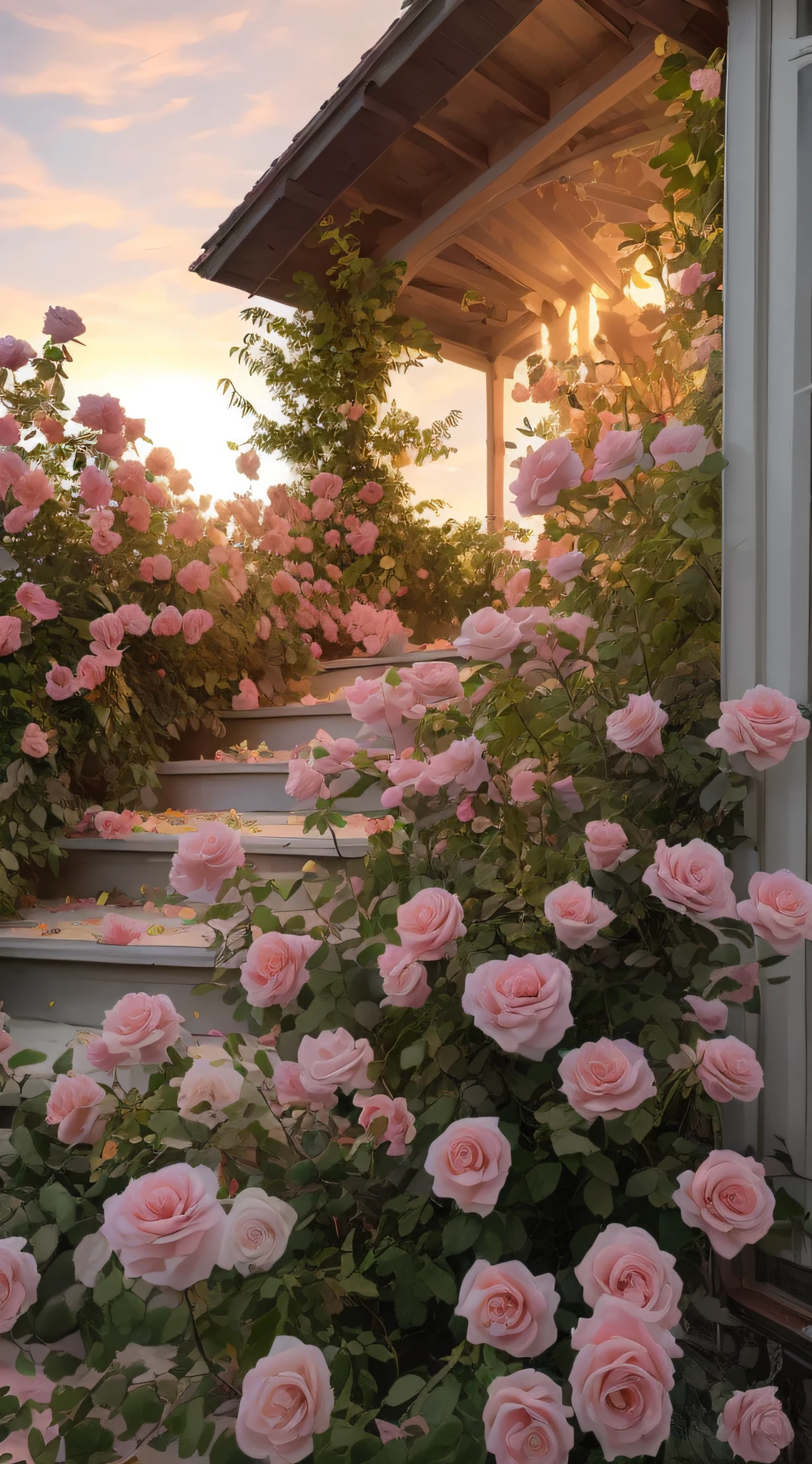 A bush of pink roses outside the house, beautiful and aesthetic, soft pink, beautiful aesthetic, roses in movie lights, lush flowers outdoors, nature and floral aesthetics, rose garden, roses, portal made of roses, beautiful images, roses, fantastic aesthetics, in a cottage core garden, pink golden hour, (masterpiece:1.6, best quality), (fine detailed beautiful eyes: 1.2), (extremely detailed CG unity 8k wallpaper, masterpiece , super detailed, best shadows), (detailed background), high contrast, (best lighting, extremely delicate and beautiful), ((color paint splatter on transparent background, Dulux,)), ((caustics) ), dynamic angles, beautiful detail glow,