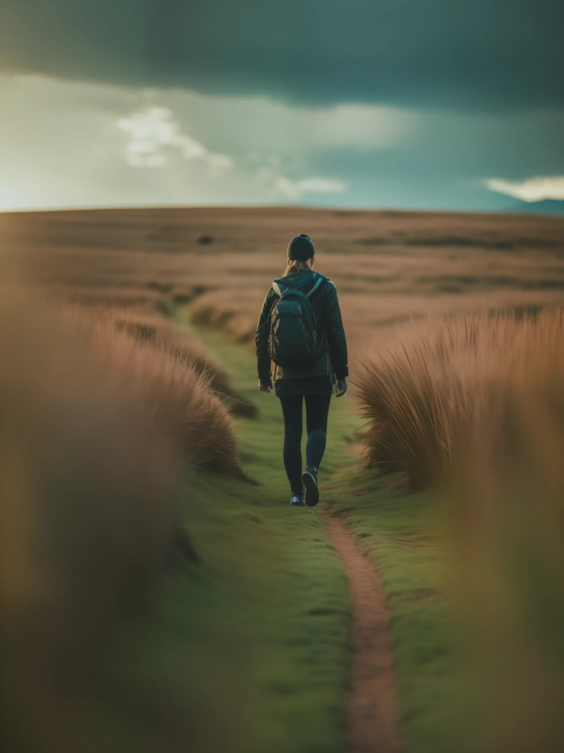 Young woman walking alone in the mountains，He looked into the distance, Realistic, Ultra photo realsisim, Hyper-cinematic, ultra photo，