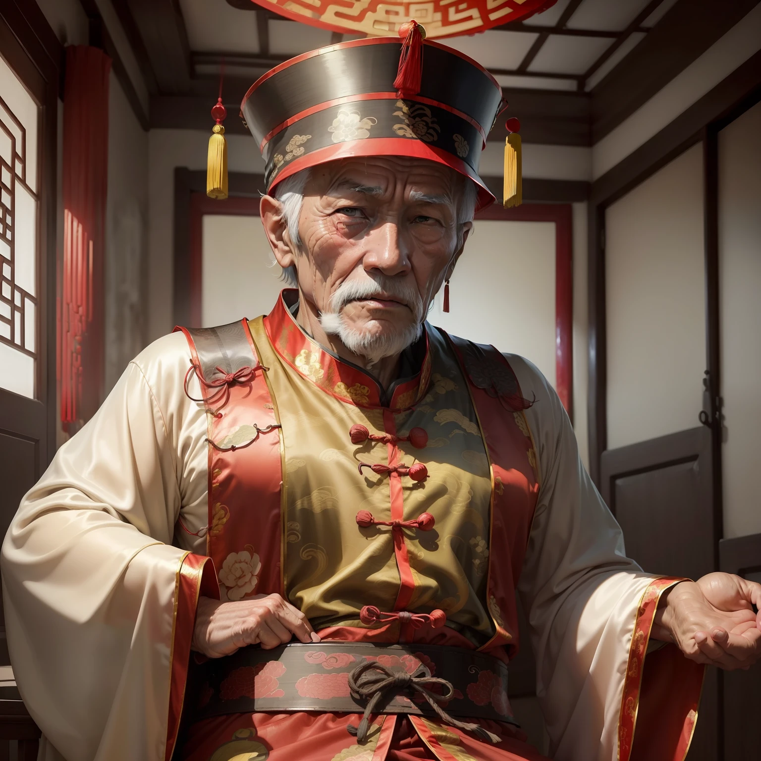 (An old man in a Chinese costume:1.4)(A shocked look appeared on his face:1.5)(In a poorly decorated house:1.6)(Upper body display:1.4)