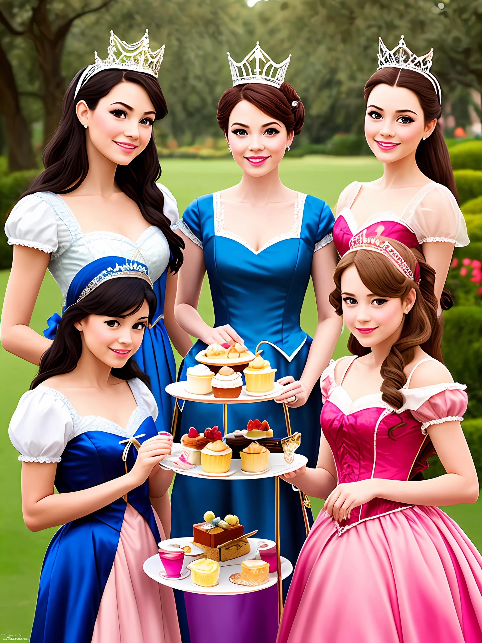 Disney's adorable princesses have delicate and clear faces，Dress up in gorgeous costumes for afternoon tea，Disney style，Renaissance style