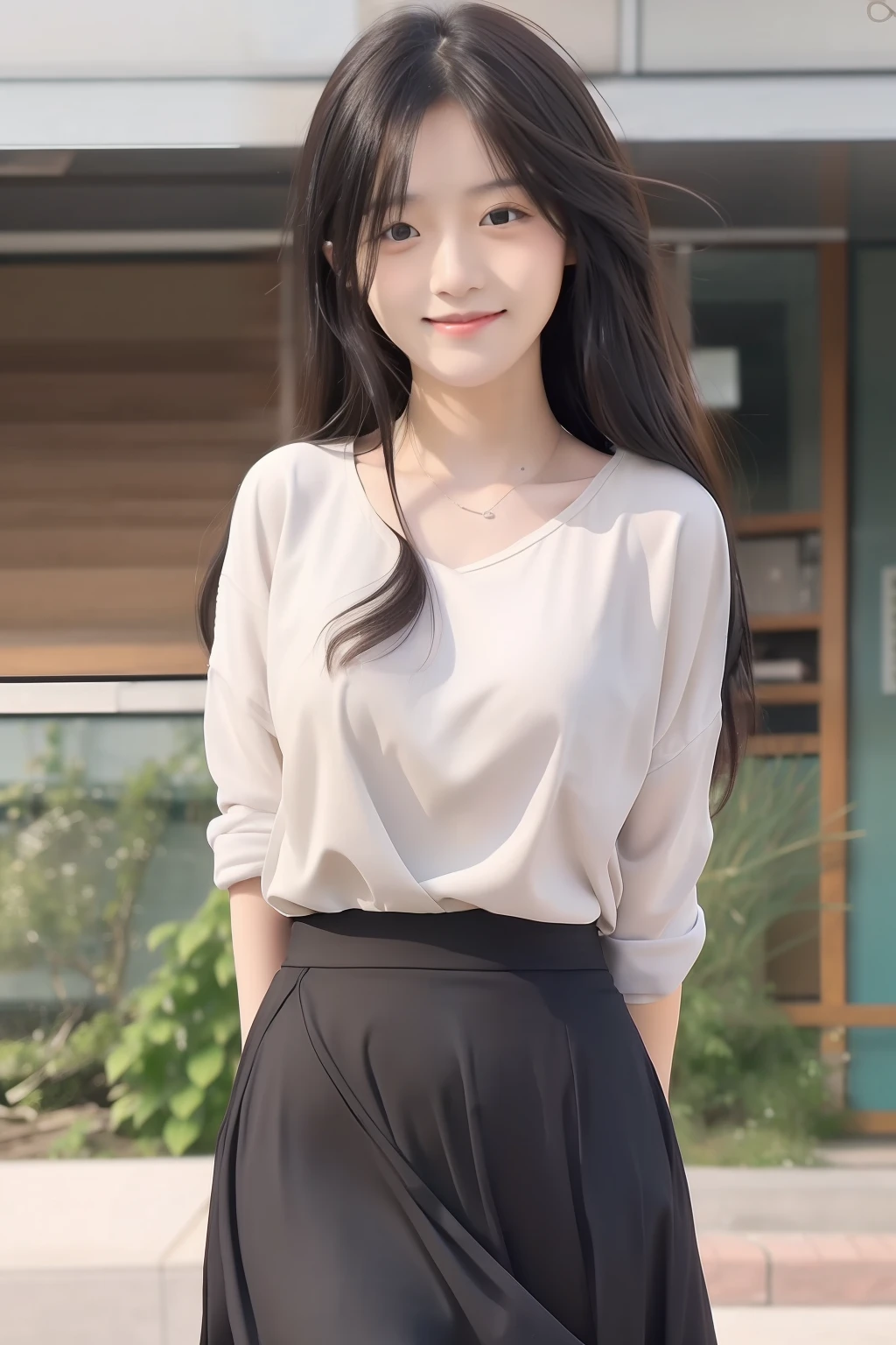 Long hair,White uniform girls Japanese,long skirt,Black hair,long hair,smile,brown eyes,1girls,realistic ultra detail,Best photography,close up face