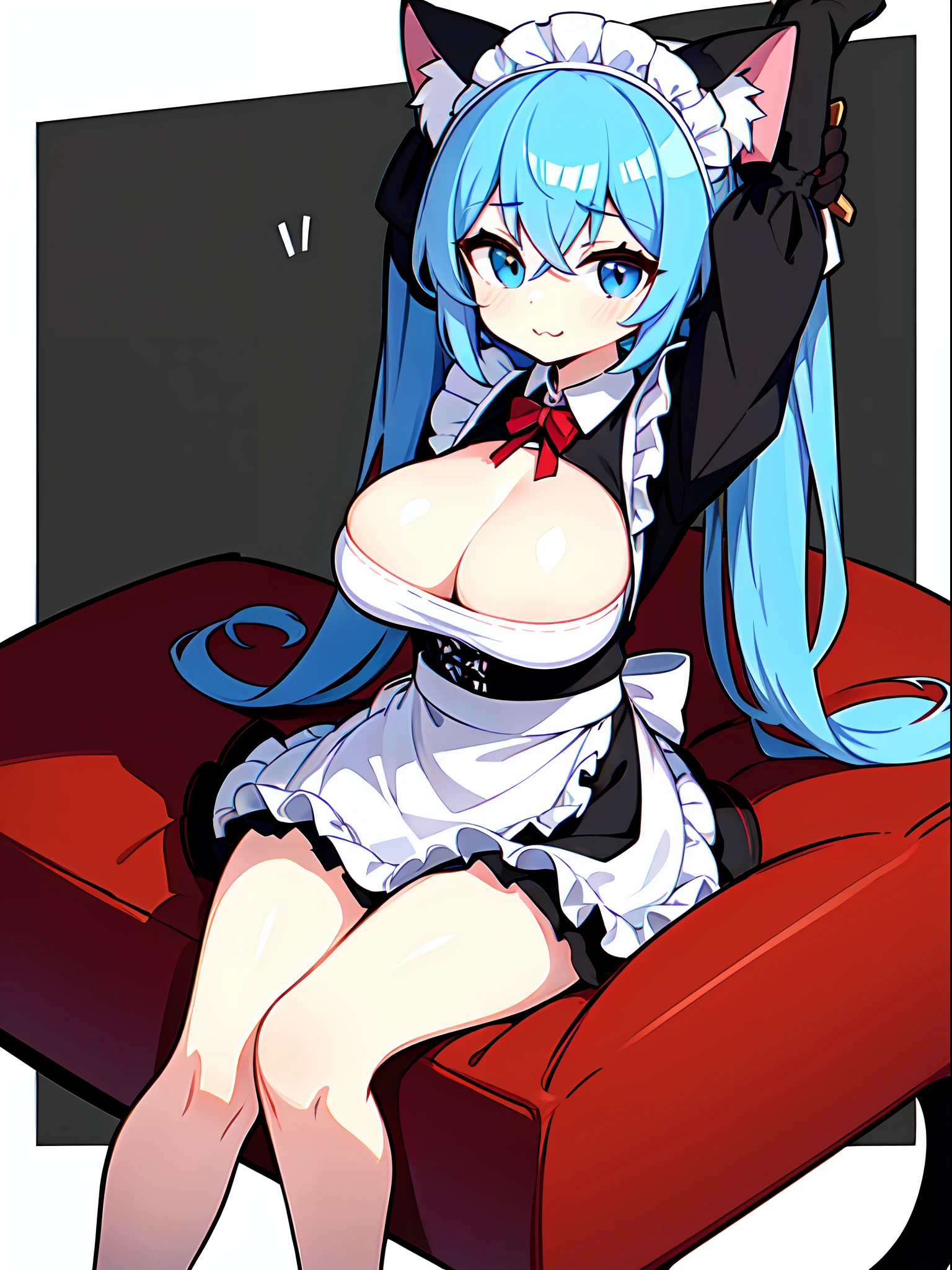 cat ears, , child ,1gir ,hair between eyes ,cute ,((masterpiece:1.2, best quality)),solo ,thighs ,((huge breasts)) ,poses ,blue hair ,blue eyes ,twintails ,white background,maid ,thighs