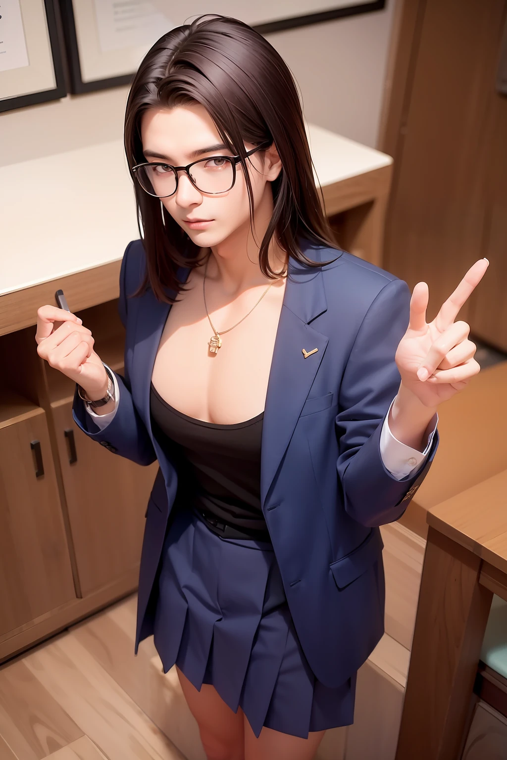 (best qualtiy,8K,32K,tmasterpiece,hyper HD:1.2),Photo handsome Chinese male high school student,big cleavage breasts,A male god,brunette color hair,Fine-rimmed glasses,The upper part of the body,Facial focal length,Thin skin Good necklace for figure,simple backgound,from the above,looking at viewert,