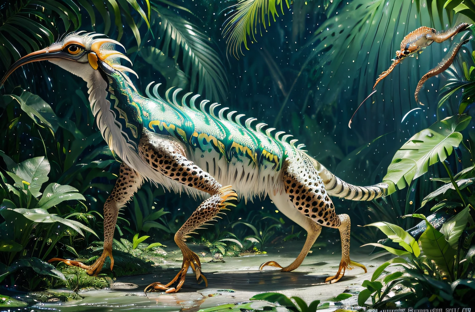 four-legged fast short, long creature, predator creature with (long monkey tail), slim like baboon and cheetah with green feathers and beak. predator creature like gepard with feathers ((four legs)) slender, long body with feathers, green gepard body with feathers, long legs creature with transparent and lighting body, walking on all six legs, (((cuttlefish head))), ((four eyes)),jellyfish transparent body, 4 leghs, in the jungle, jungle, rain forest, high image quality, realistic look, high-resolution photography, 8K, full-frame matrix, deep shadows, ((one character)), (intricate details, subsurface scattering, hyperdetailed:1.15), (hyperrealism, volumetric lighting, sharp:1.5) Fujifilm XT3