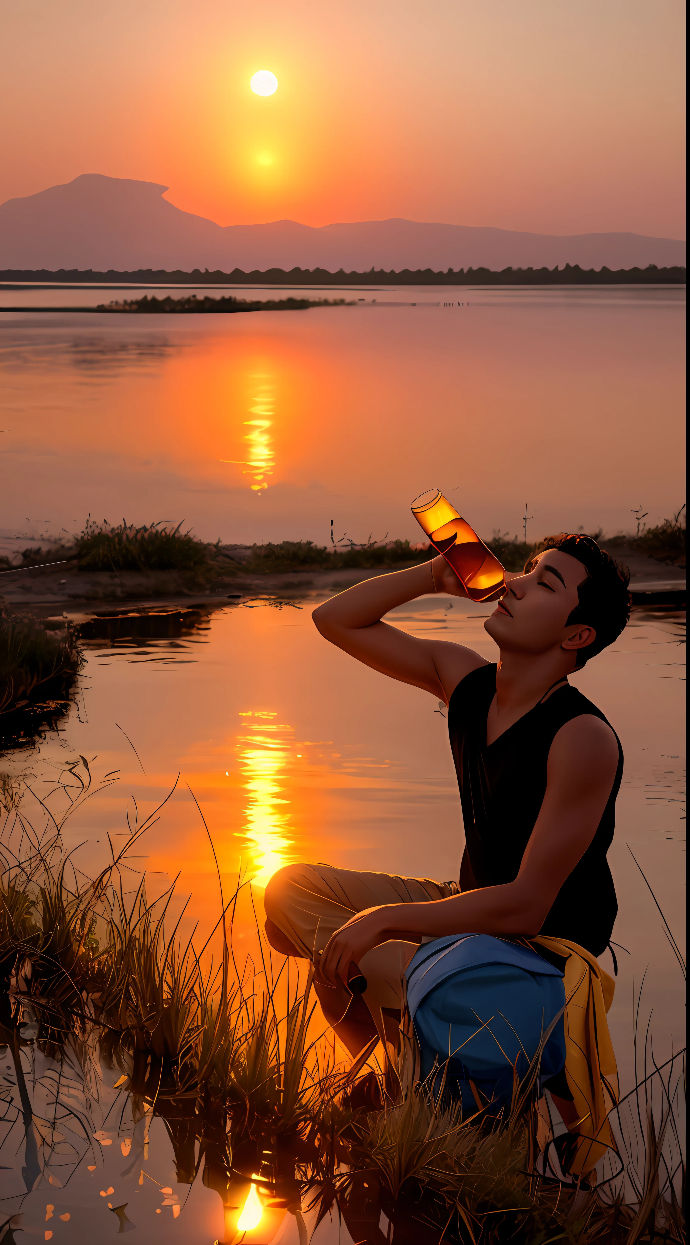 arafed man sitting on the bank of a river drinking from a bottle, peacefully drinking BEER, during sunset, during golden hour, drinking beer, drinking a beer, during a sunset, with sunset, taken at golden hour, man drinking beer, at the sunset, with a sunset, winning photo, sunset time, relaxing after a hard day, extremely detailed 8k wallpaper, original face,