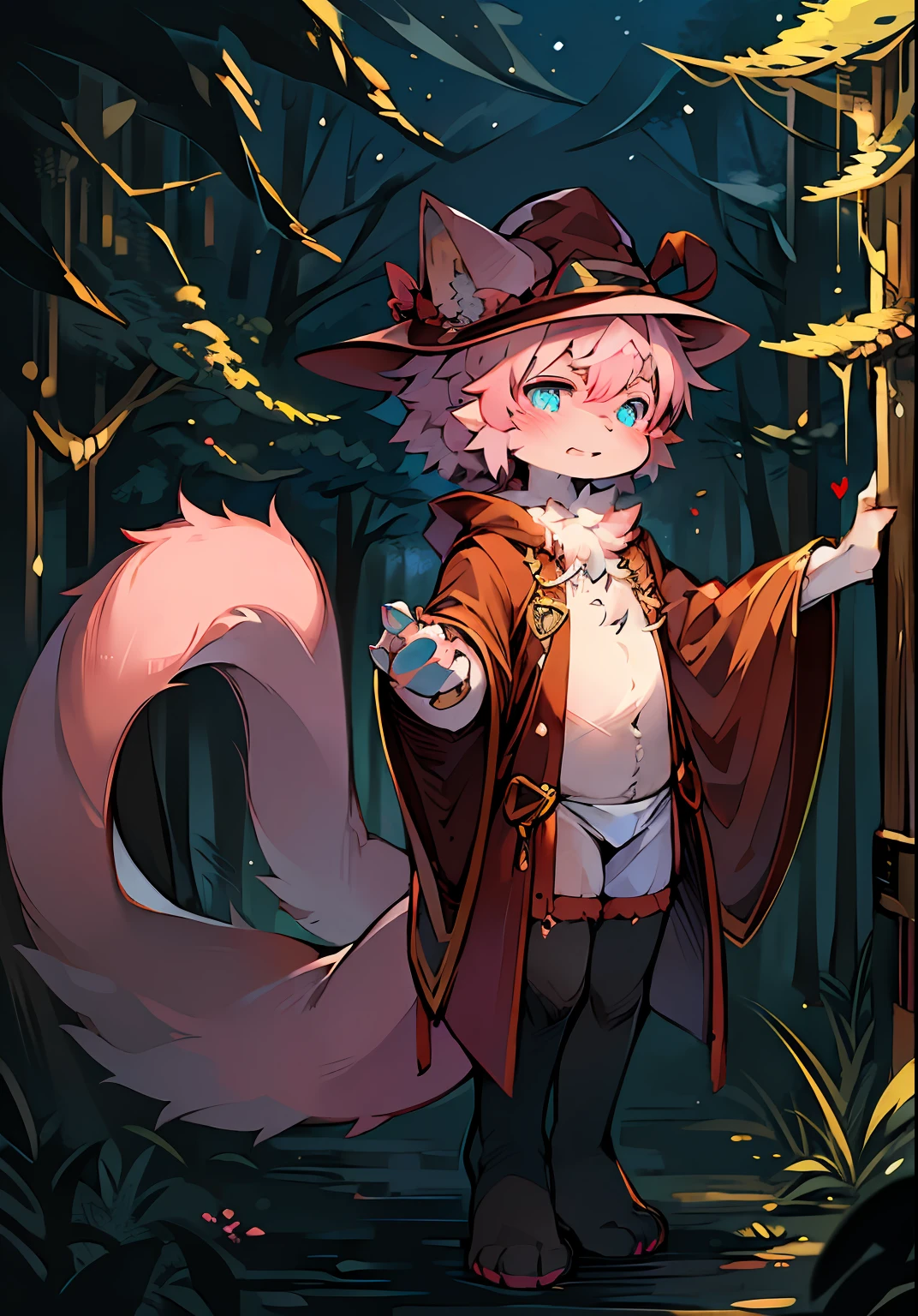 (ambiente dark:0.8),masterpiece,high quality,abstract res,digital painting\(artwork\), by dagasi, yupa,kiyosan,(anthro,fluffy fur,character focus:1.1),anthro male cat,portrait , eyes with brightness, in a panoramic view, Character focus.(detailedbackground:0.7), 独奏, shaggy, shaggy male, malefocus, anthr,(Full Body Furry, Long thin tail, Pink fur, cyan eyes:1.2), (felid、magestic、Wizard's Hat:1.2),(ln the forest、the night、bloods、magia:1.1)