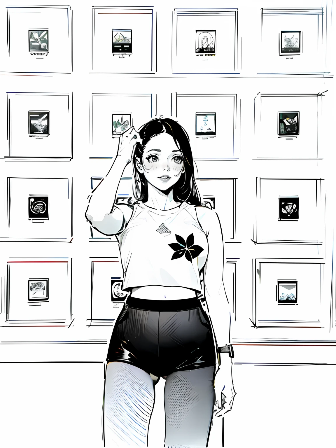 A girl, sexy croptop ((line art)), ((monochrome color))