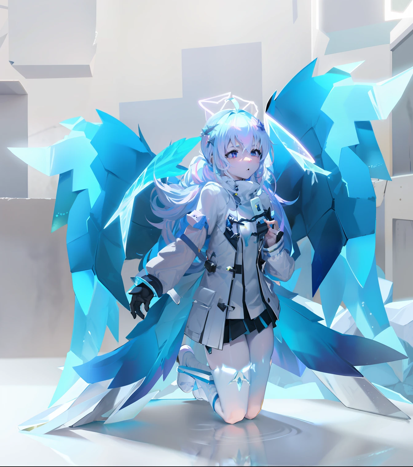 Anime characters with wings and halos on their heads, Ice crystal armor, anime styled 3d, Epic angel wings, icey, aesthetic cute with flutter, icy, Ice Queen, as a mystical valkyrie, ethereal wings, She has pale blue skin!!!, with real wings, on an icy throne, Robrock avatar, Sky blue hair, Cold white skin