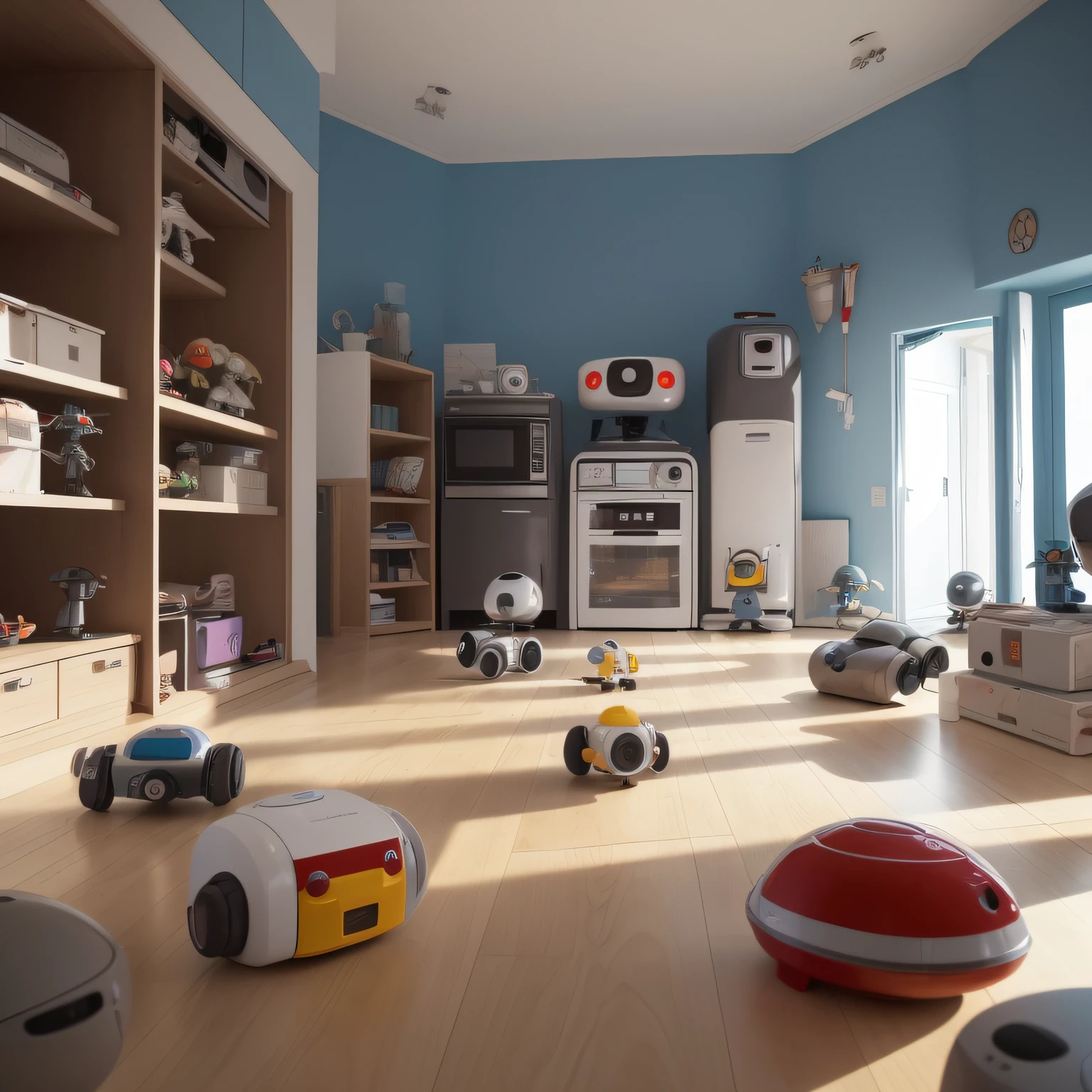 A perspective view of a room with some small robots shaped like retro appliances strewn on the shelves of the house and with futuristic weapons