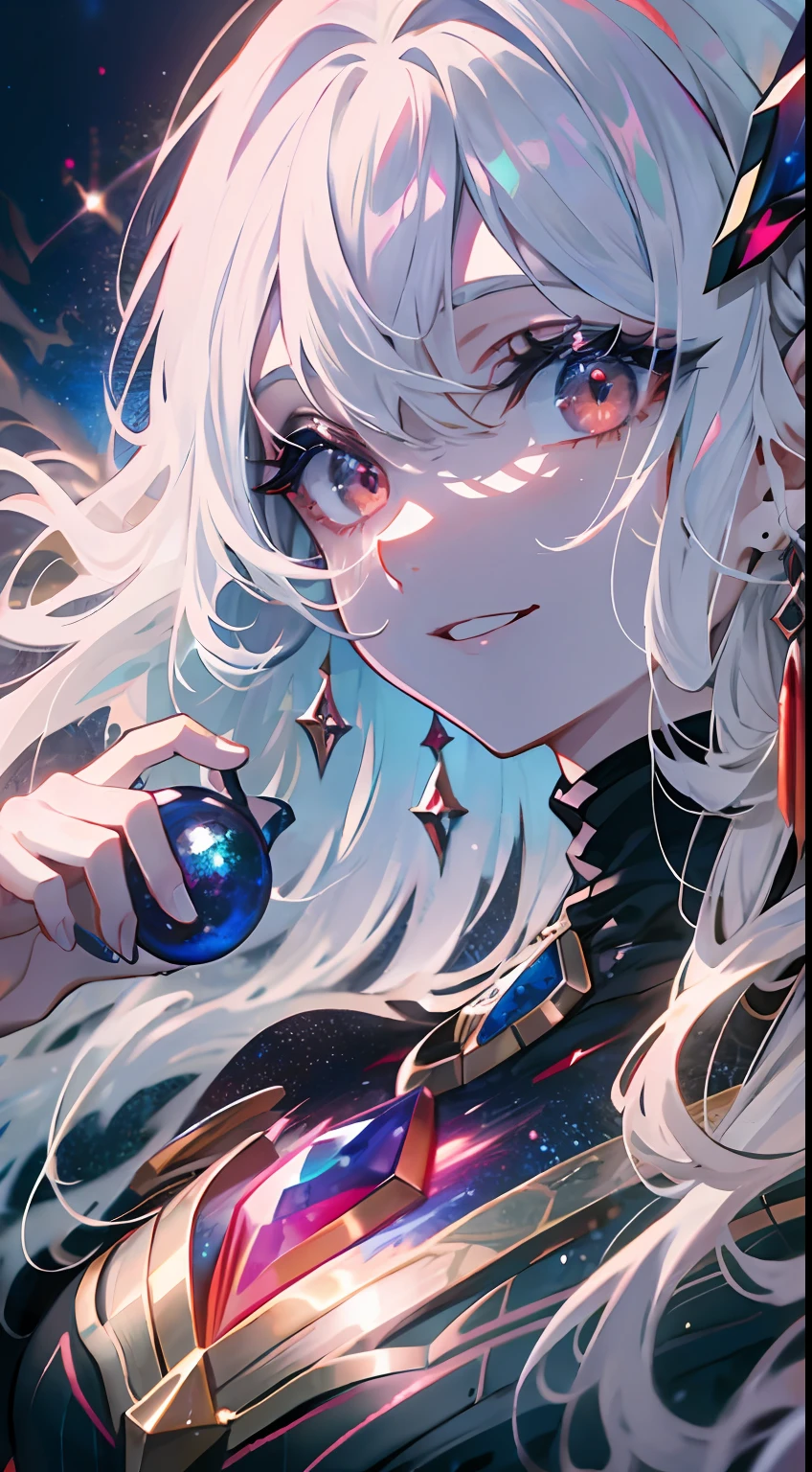 (simple hands:0.5)+(detailed hands:0.7), (masterwork), (best quality), white hair, red eyes,1girl, pale skin, white hair, red eyes, two tone hair, eyelashes, bracelet, jewelry, smile, gleaming skin, shiny hair, detailed and majestic stage, Fantasy, Long Hair, 1 girl, two-tone hair, night sky, Incredibly detailed CG illustration masterpiece, looking at you, anime, beautiful anime eyes, beautiful detailed eyes, eyes, glittering eyes, red eyes, galaxy, nebula, (full body), (curvy),