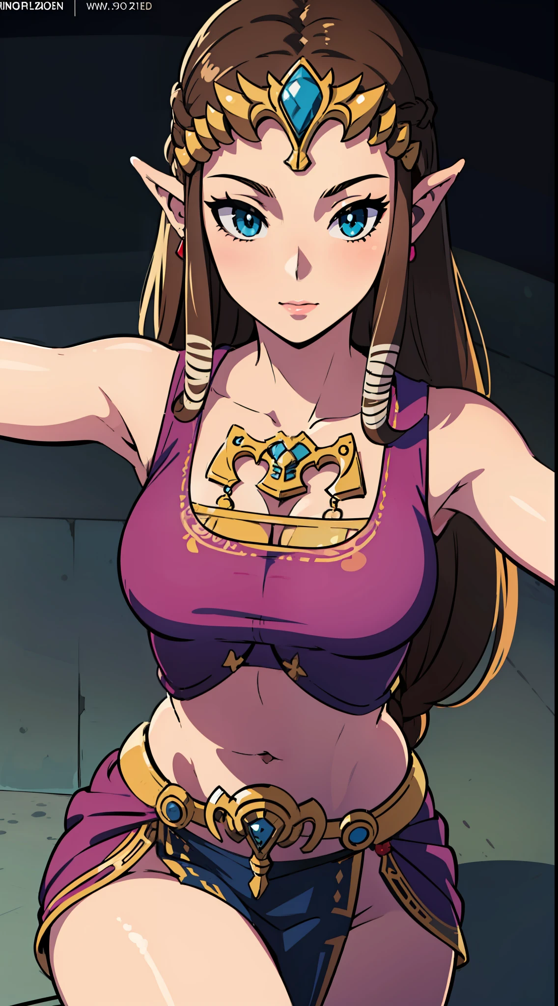 8K quality, high accuracy, princess zelda, pretty figure, pretty face, small face, twilight princess, revealing dancer outfit, sleeveless, bright, eye highlights, blue eyes, small ears, brown head hair, sexy, super large breasts, erotic, illustration, beautiful line drawing. Beautiful line drawing. Background: night,