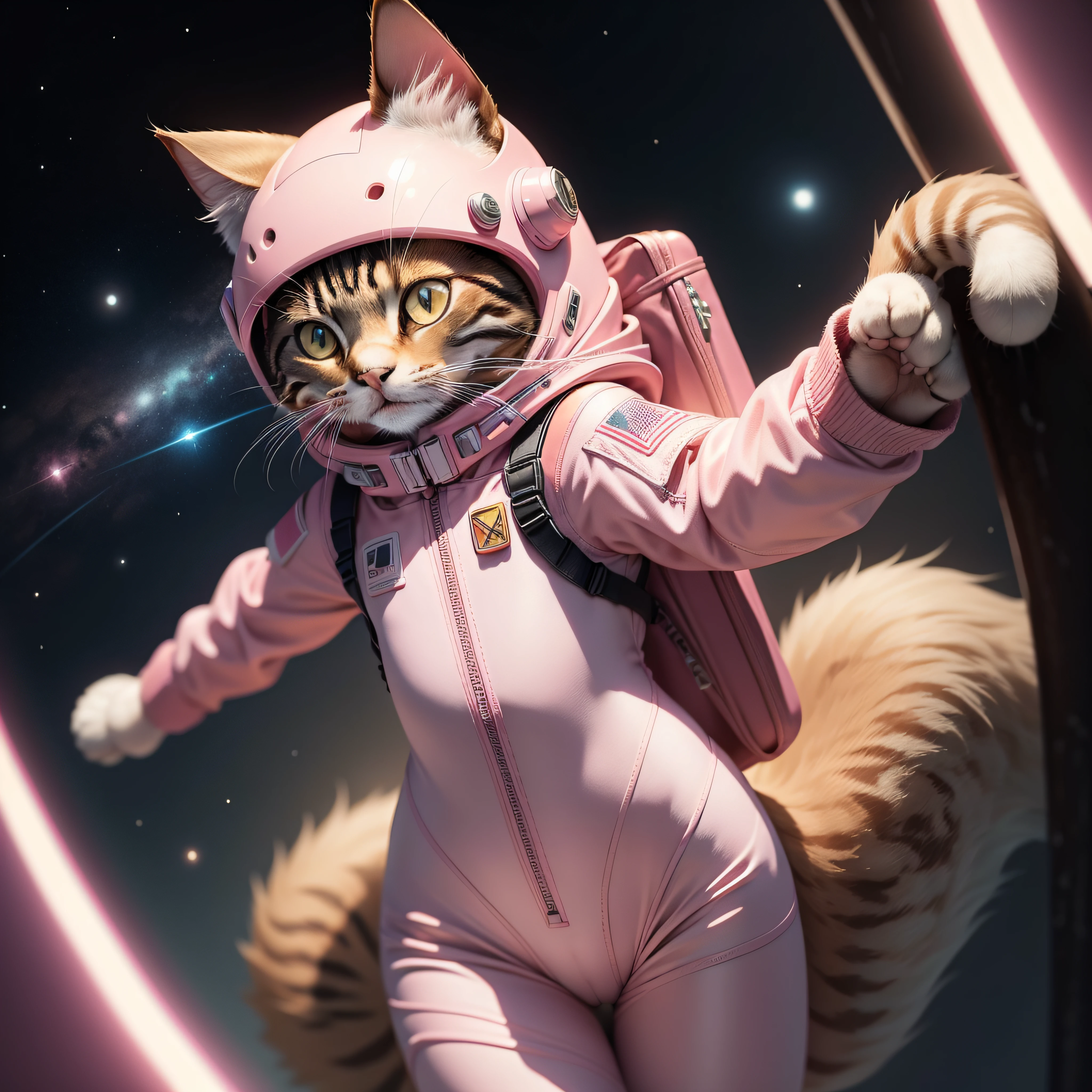 Draw a cat in a beautiful pink spacesuit in a realistic way with a full shot