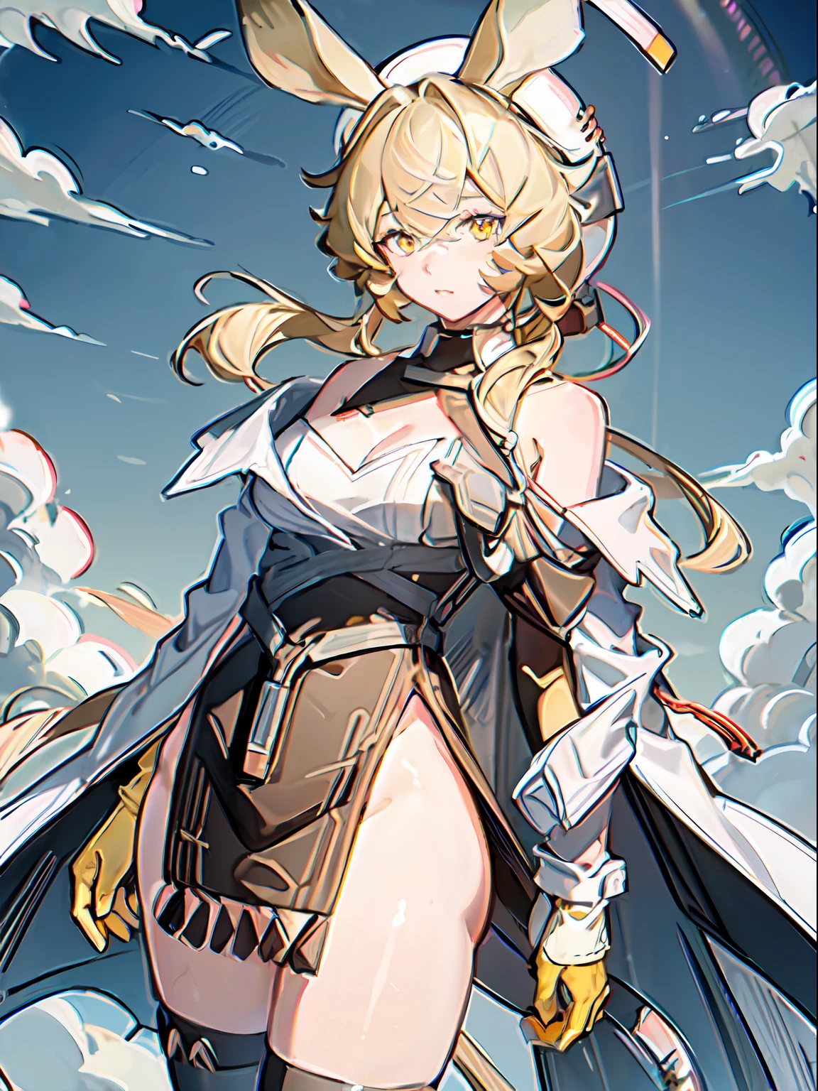 1girl, animal_ears, bandaid, bare_shoulders, blonde_hair, blue_sky, breasts, cleavage, cloud, cowboy_shot, gloves, looking_at_viewer, ((pale skin)), off_shoulder, exterior, rabbit_ears, short_hair, sky, solo, thighhighs, thighs, water