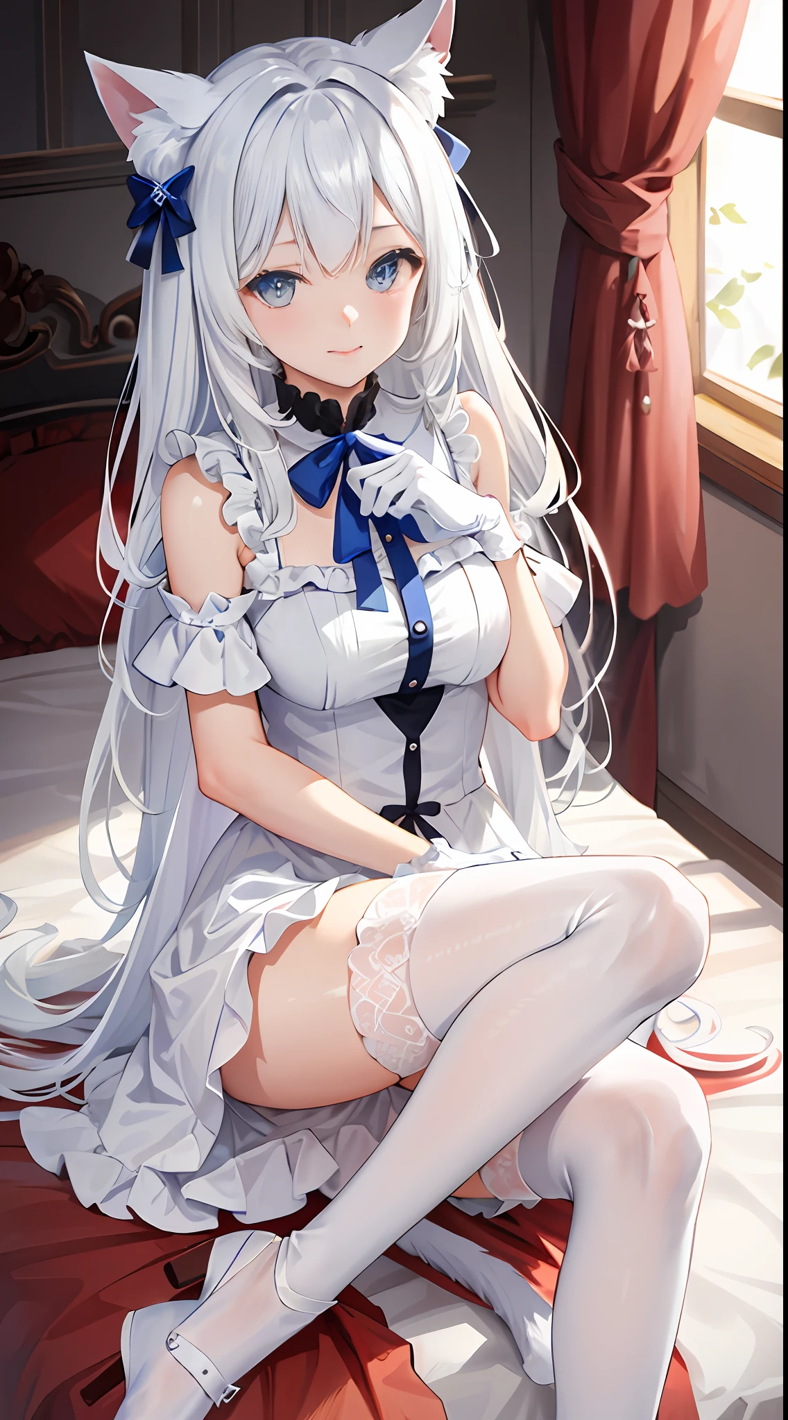 wide blue eyes,White hair,Dull hair,teens girl,White tones,Sit Pose,A shy smile,onbed,Cute dress,The face is flushed,Exquisite details throughout the body,Long white stockings,Perfect white feathers,Plush cat's paw gloves。