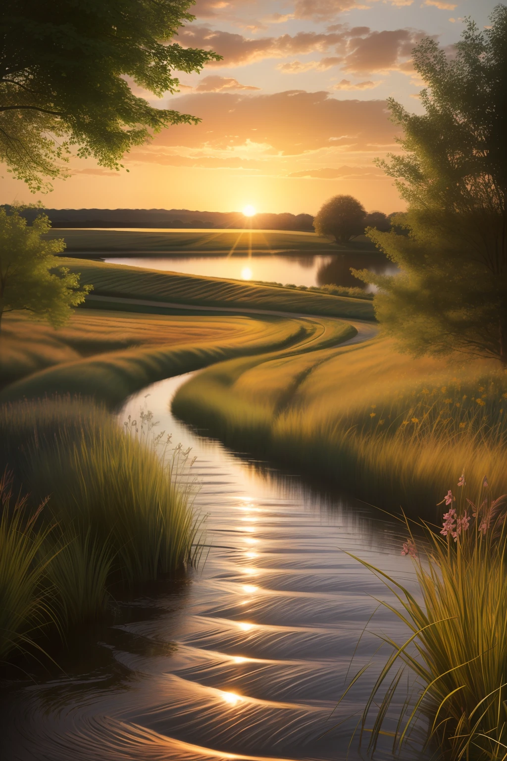 Beautiful lake, ripples in the water, geese’s, countryside, award winning photography, photography, photorealistic, soft pastel colours, golden sunrise, intricate, path tracing, elaborate, illustration, highly detailed