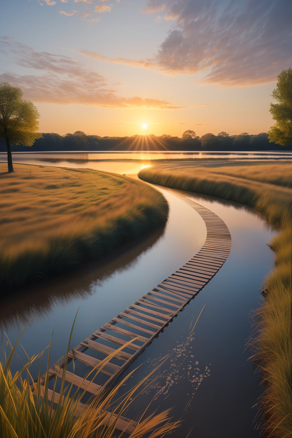 Beautiful lake, ripples in the water, geese’s, countryside, award winning photography, photography, photorealistic, soft pastel colours, golden sunrise, intricate, path tracing, elaborate, illustration, highly detailed