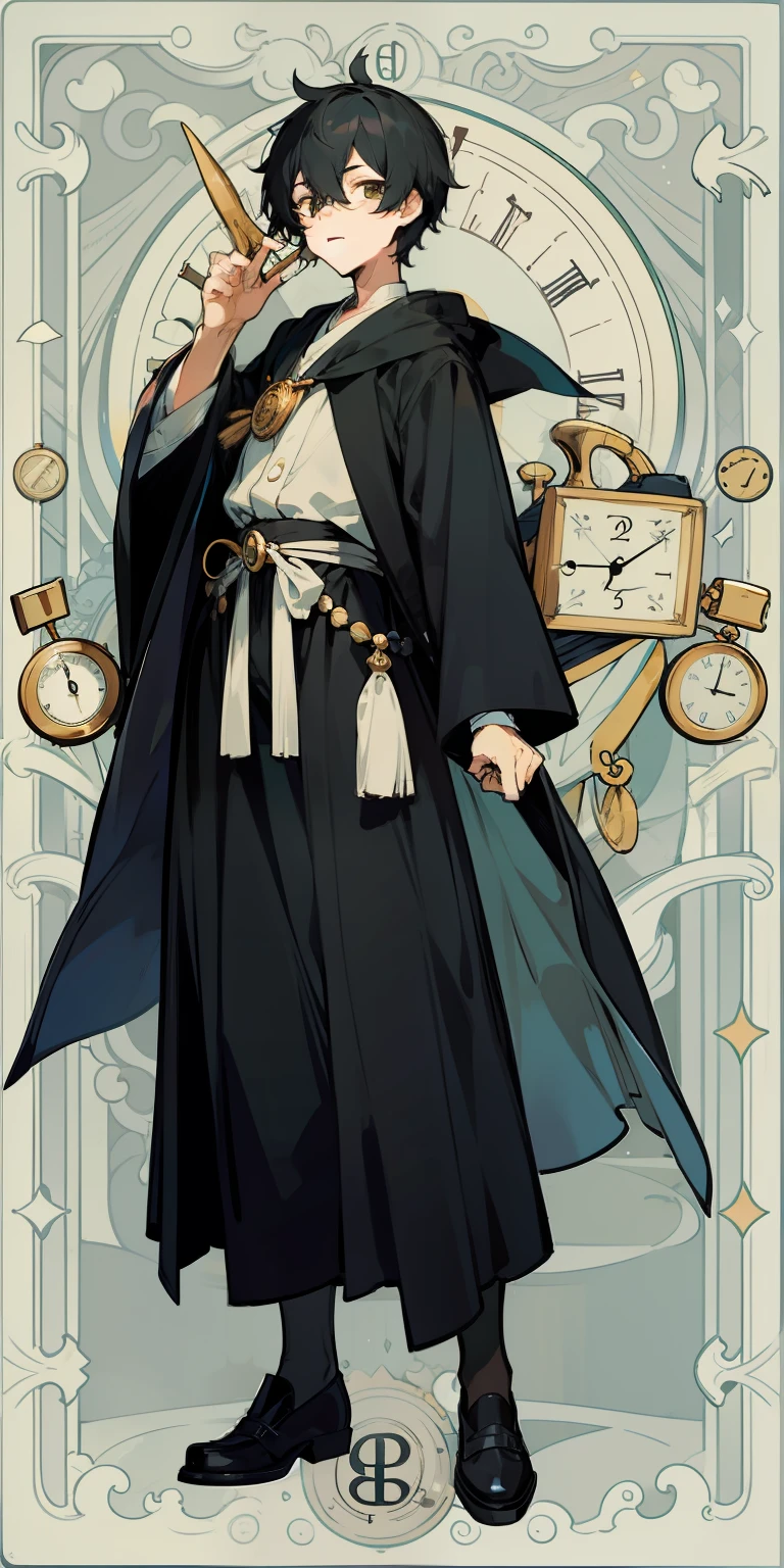 Black-haired boy，Quaint robes，monocle，Teasing expression clock，