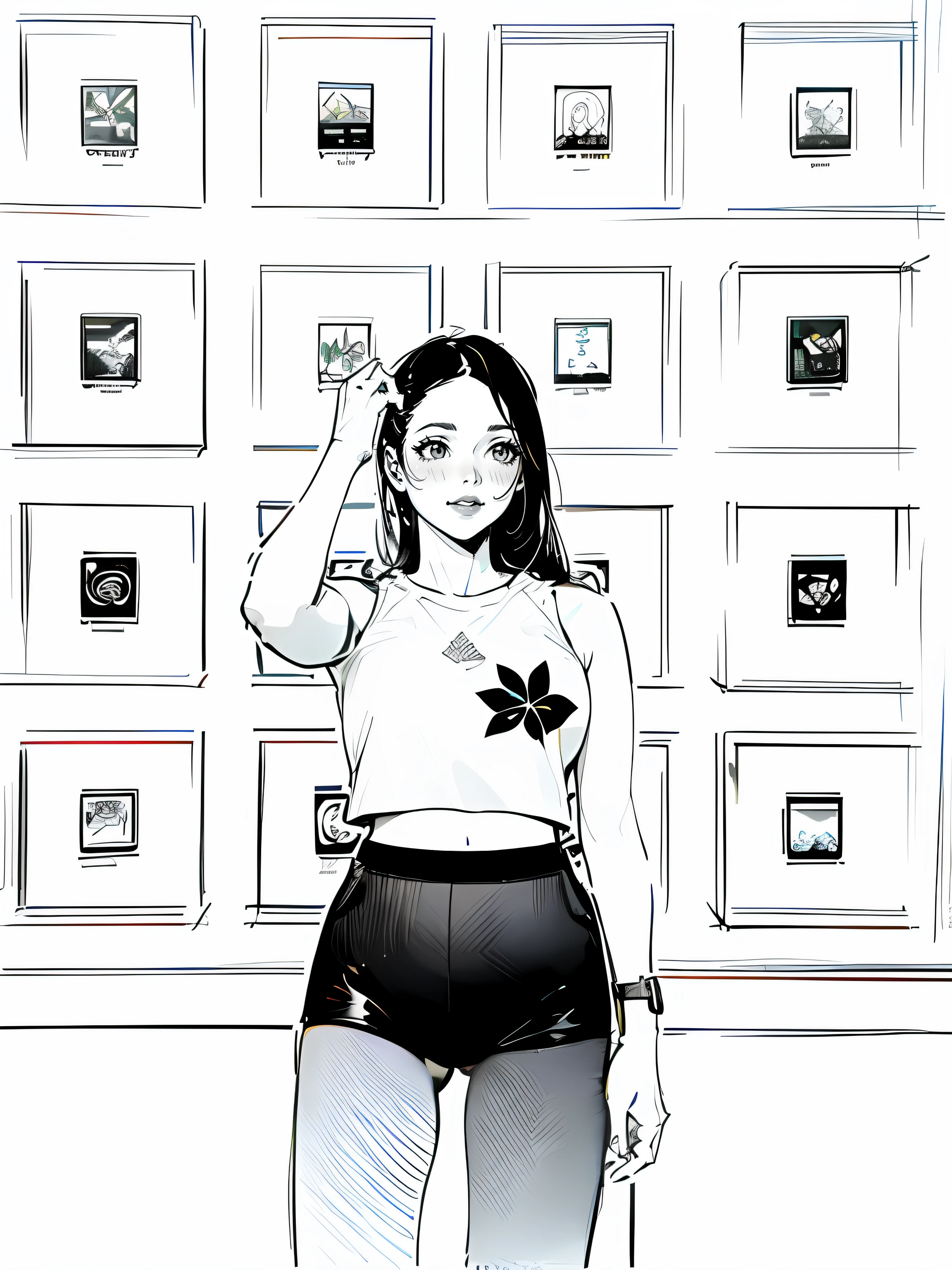 A girl, sexy croptop ((line art)), ((monochrome color))