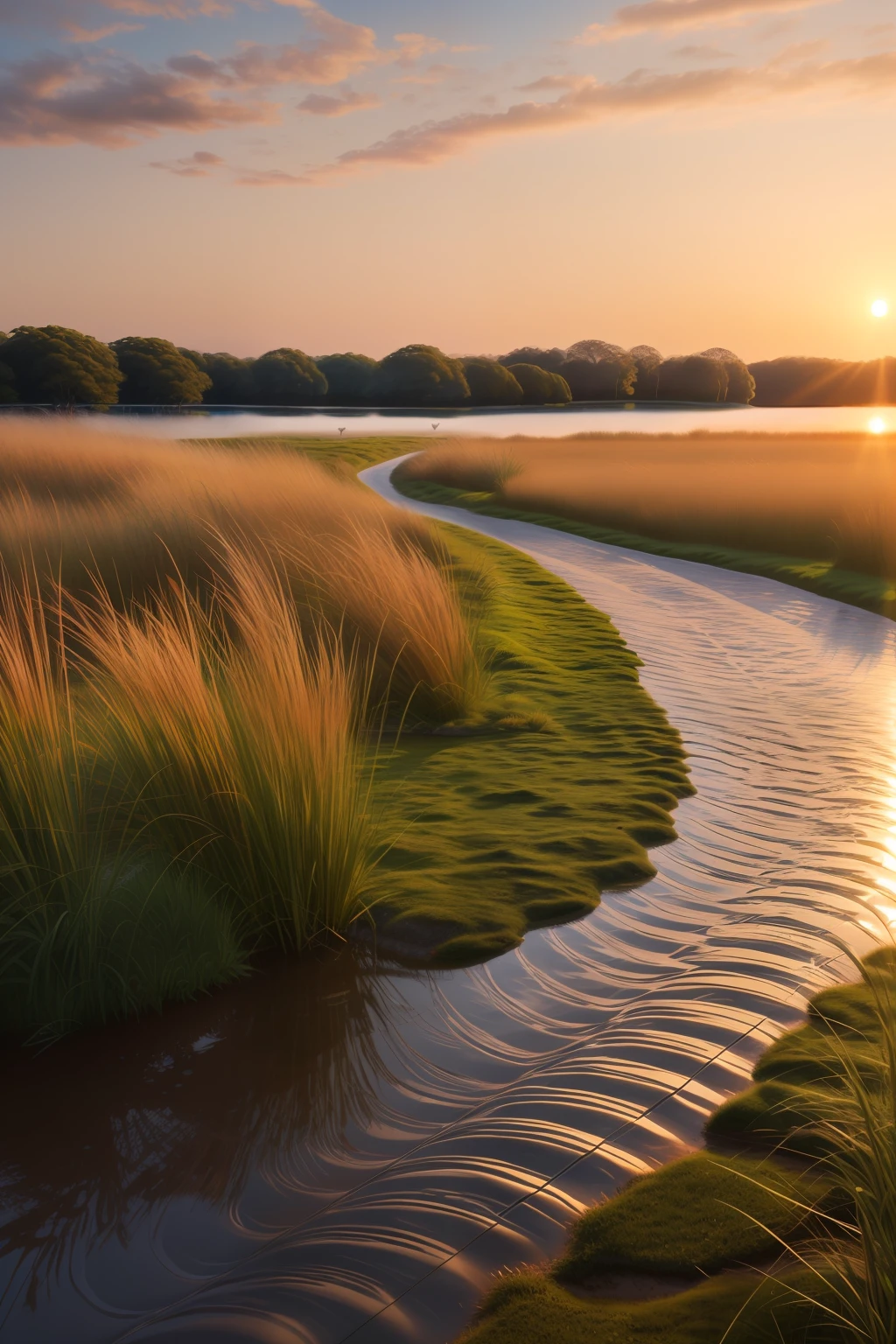 Beautiful lake, ripples in the water, geese’s, countryside, award winning photography, photography, photorealistic, soft pastel colours, golden sunrise, intricate, path tracing, elaborate, illustration, highly detailed