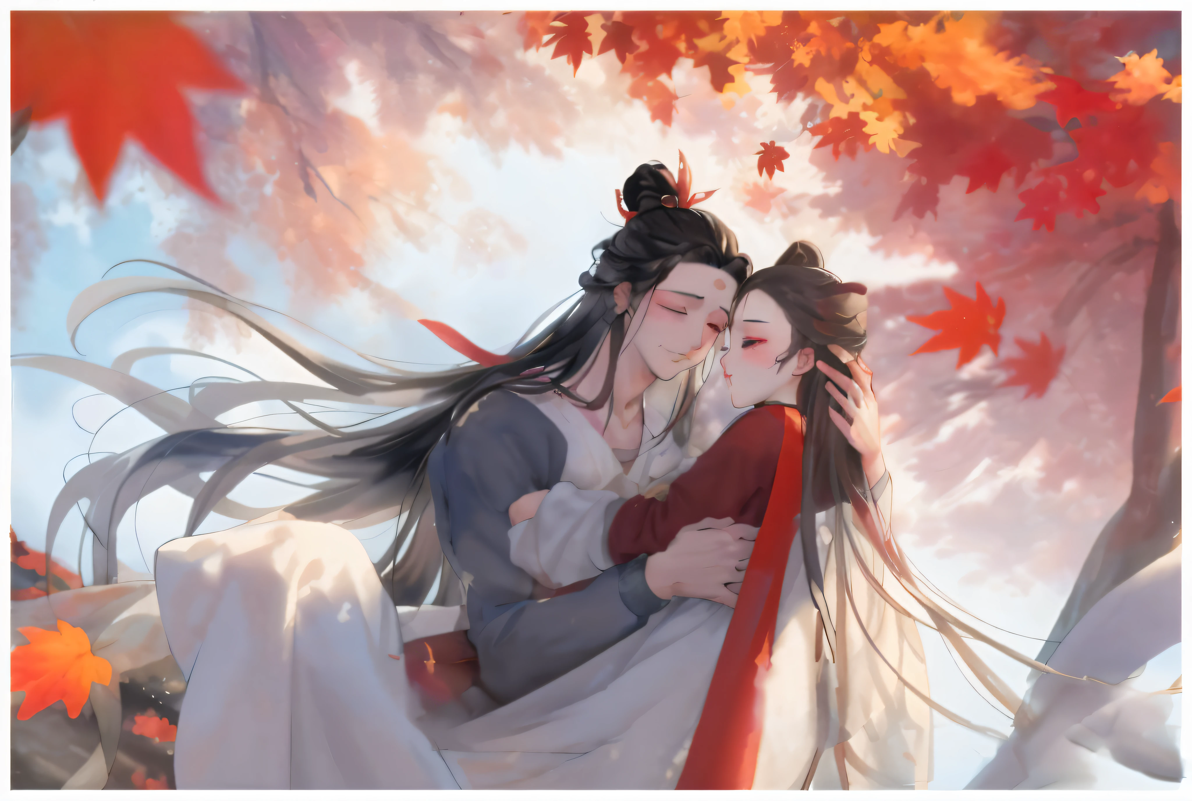 Anime couple hugging under autumn leaves, 🍁 Cute, author:Shitao, flowing hair and long robes, by Yang J, Palace , A girl in Hanfu, Guviz-style artwork, kissing together cutely, Beautiful depiction, xianxia fantasy, heise jinyao, bian lian, Guviz, By Leng Mei