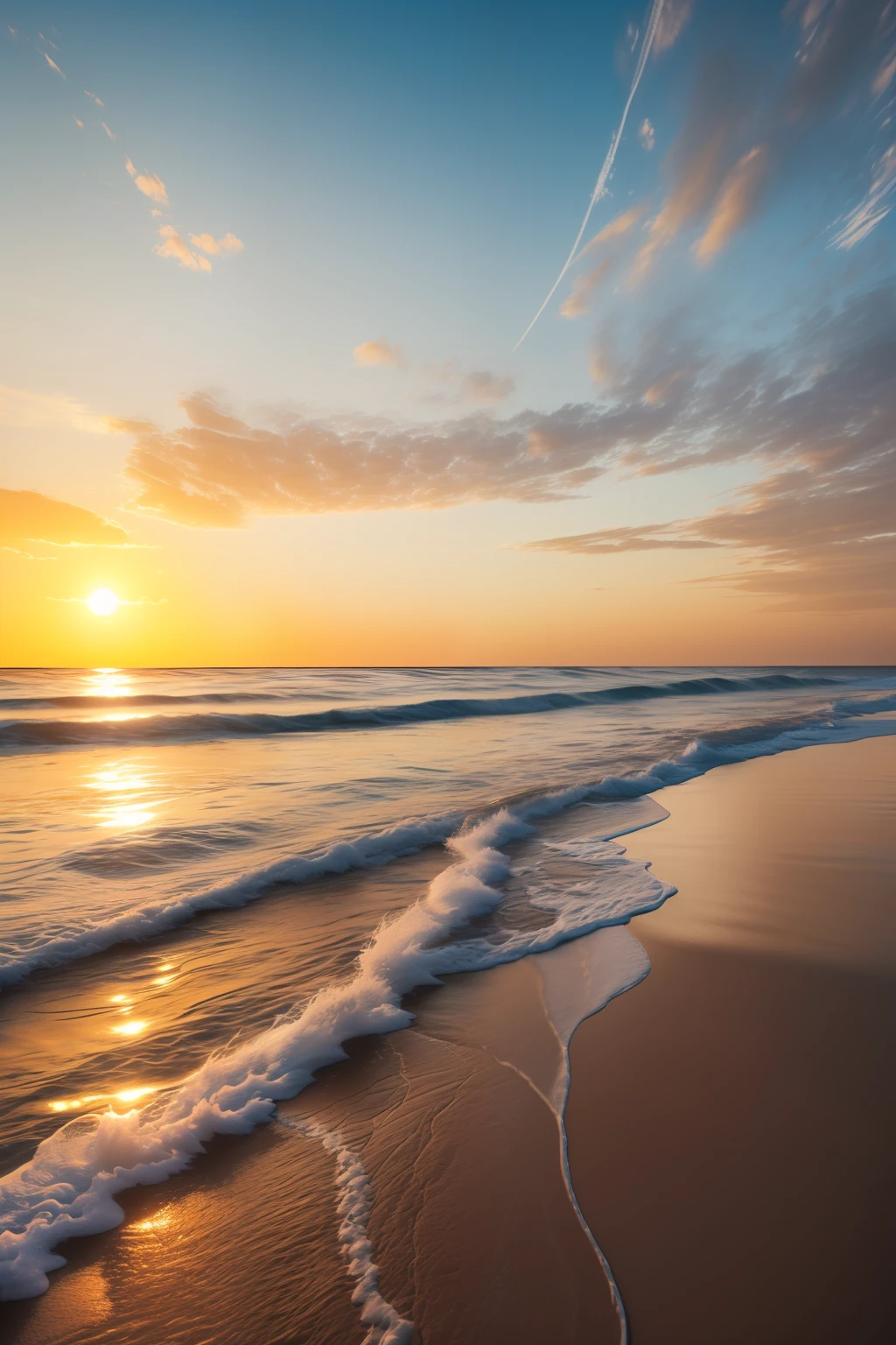 Beautiful sea, ripples in the water, award winning photography, photography, photorealistic, golden sunrise, blazing sun, intricate, path tracing, elaborate, illustration, highly detailed