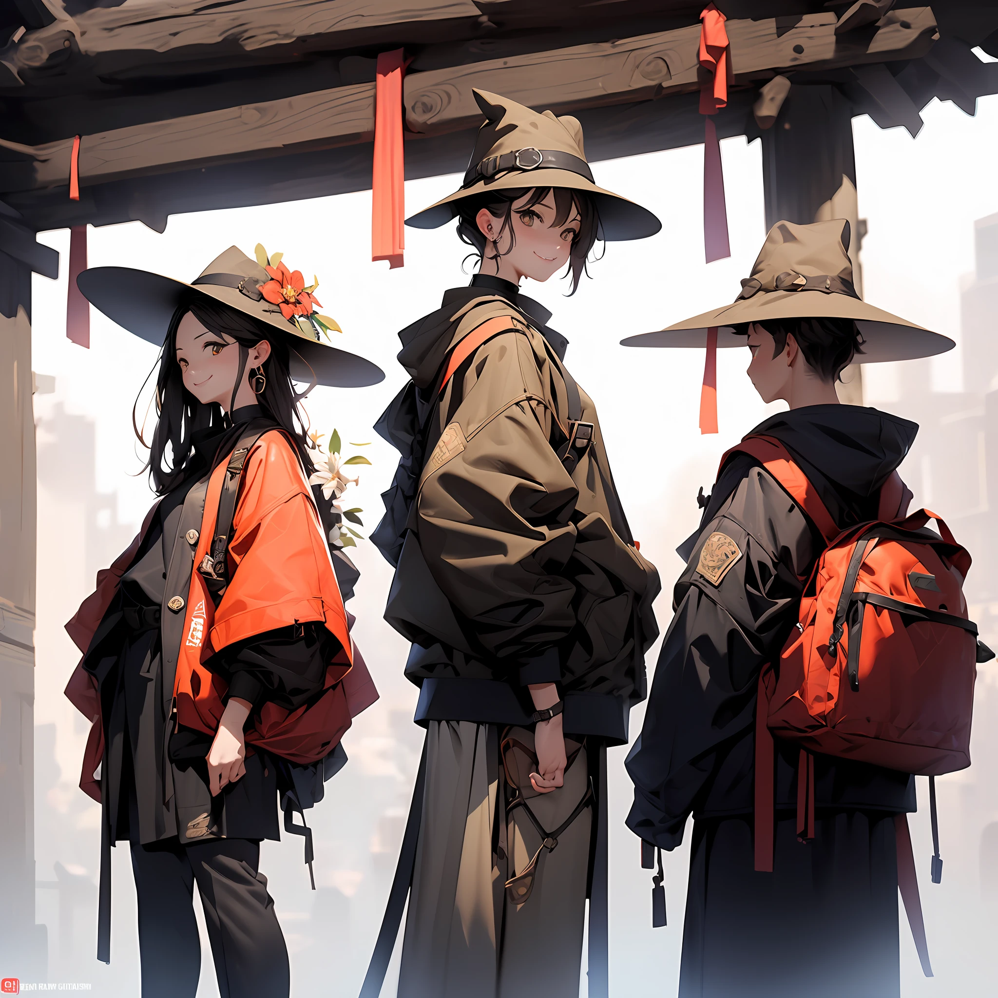 masterpiece、top-quality、ighly detailed、Walnut Island\(GenshinImpact\)、is standing、Buck Round is a traditional Chinese street、cowboy shot、Flower shaped_pupils、black_choker、(arms behind back:1.2)、(a smile:0,8)、Black coat、Hats、