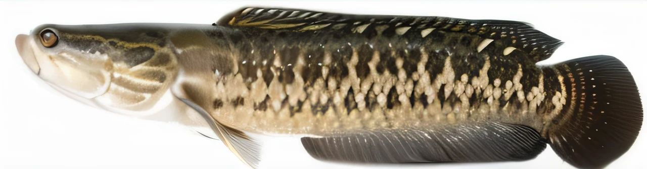 There is a fish standing on a white surface, fish skin, Small mouth, gulper eel, brown scales, side view of a gaunt, side view close up of a gaunt, Gills and scales, Gray mottled skin, top - side view, snake scales, detailed scale, Smooth scales, mullet, the sideview, fish scales