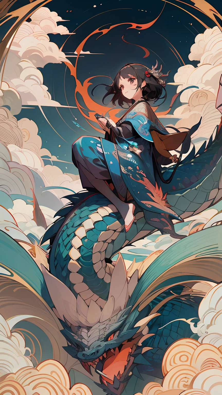 Official art, 统一 8k 壁纸, ultra-detailliert, Beautifully Aesthetic, masterpiece, top-quality, (Zentangle, Tangles, Entanglement), (Fractal Art: 1.4), 1girl in, A dark-haired, , ighly detailed, dynamic ungle, (flying sky: 1.5), Chinese Dragon, Dragon flying in the sky、(Girl Transported by a Dragon:1.5)、Viewing through binoculars