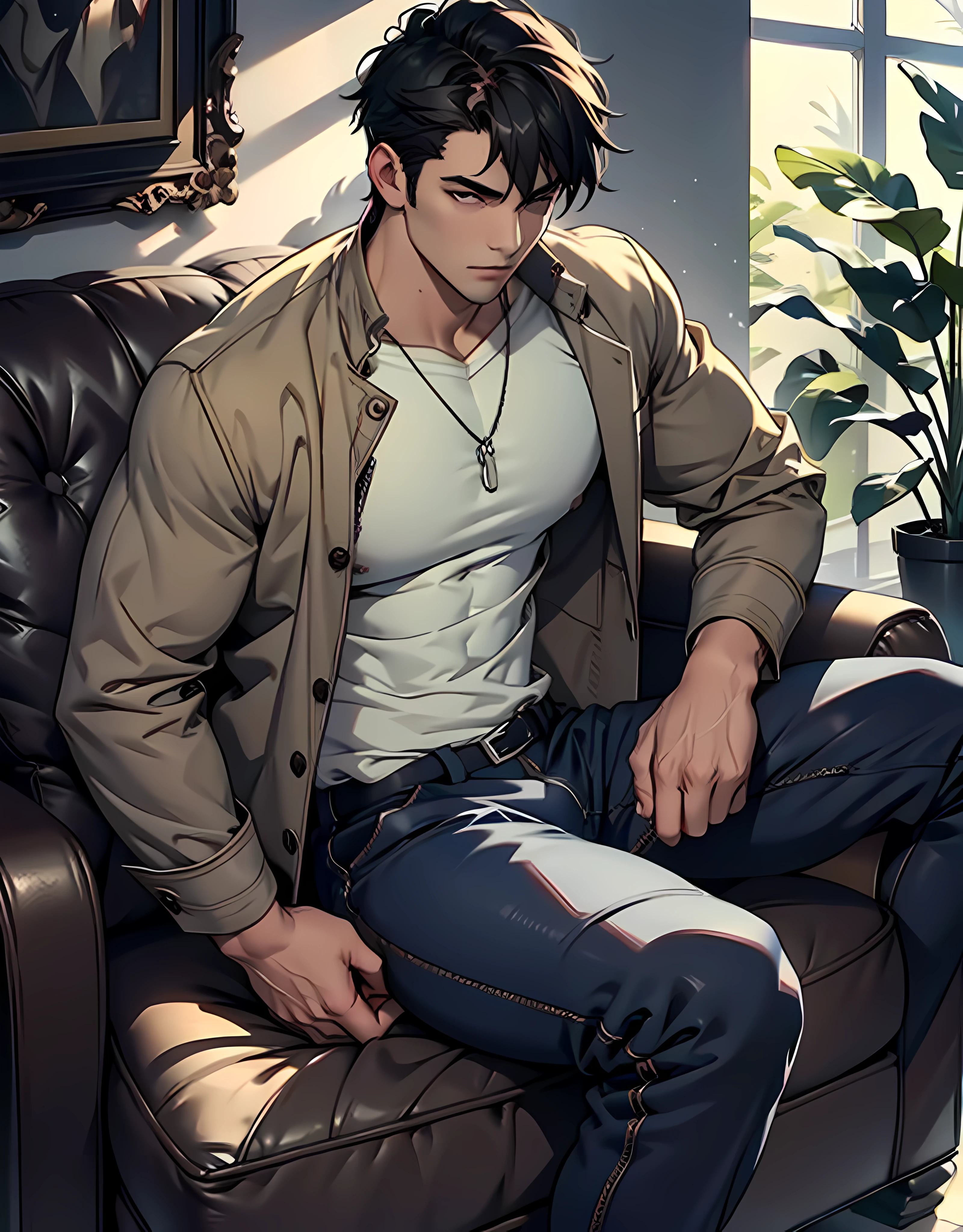 1male people、Adults、a handsome、tall muscular man、broad shoulder、Detailed eyes and detailed face、top-quality, ​masterpiece, hight resolution, male focus,、sit on sofa、Mystical lighting、Ethereal Atmosphere、dressed casually, The shirt、jaket、JINS、closed clothes、natural soft light、darker shadows、Living Loo、Move ki、Refreshing、