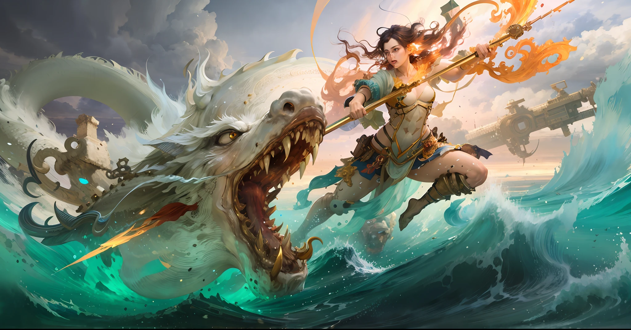 Naza haunted the sea,Naza holds a weapon in her hand,The face is clear,Good facial features,Structurally sound,Cinematic, Hyper-detailed, Volumetric lightning,realistic detail,A masterpiece。fantasy,dream magical