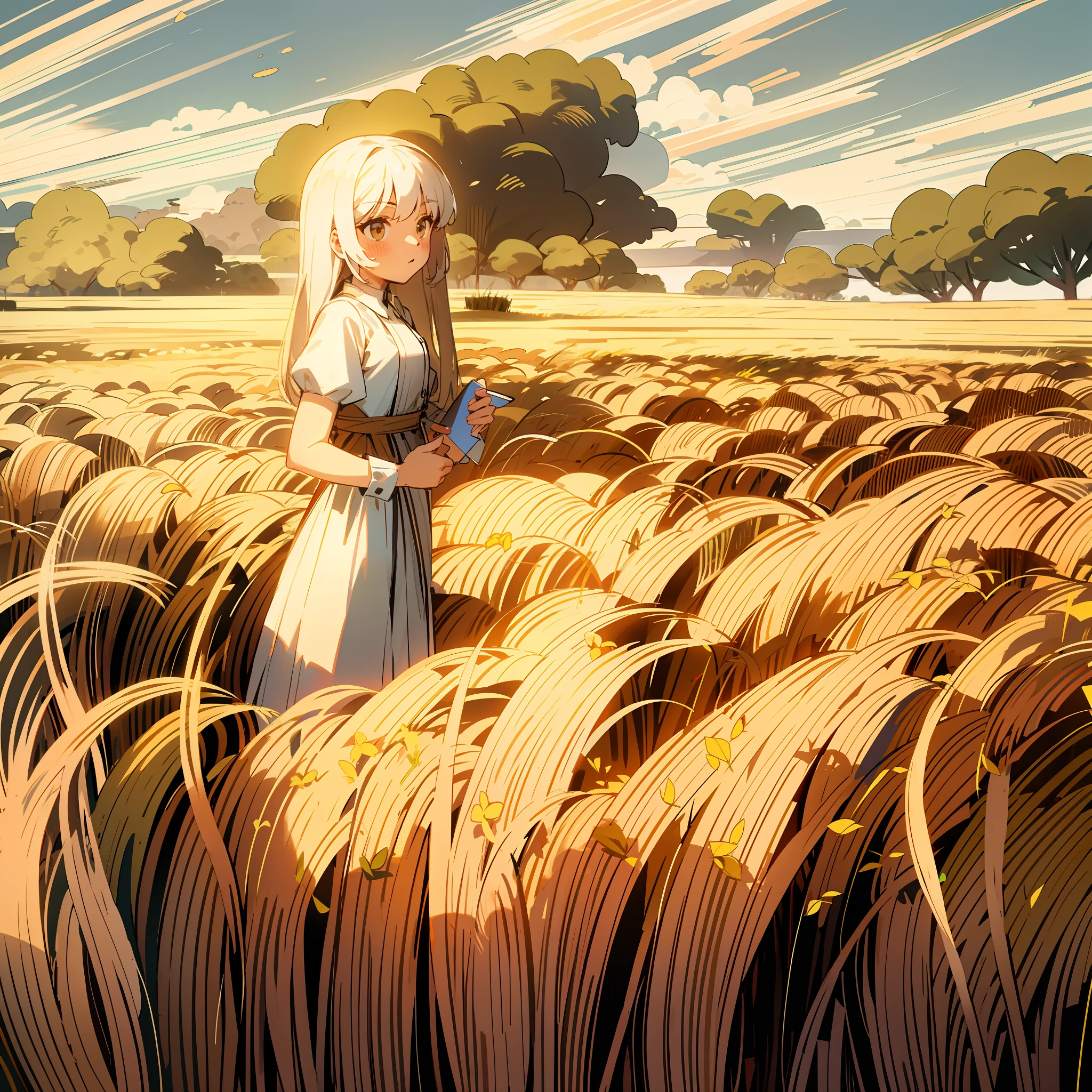 a drawing of a woman standing in a field of tall grass
