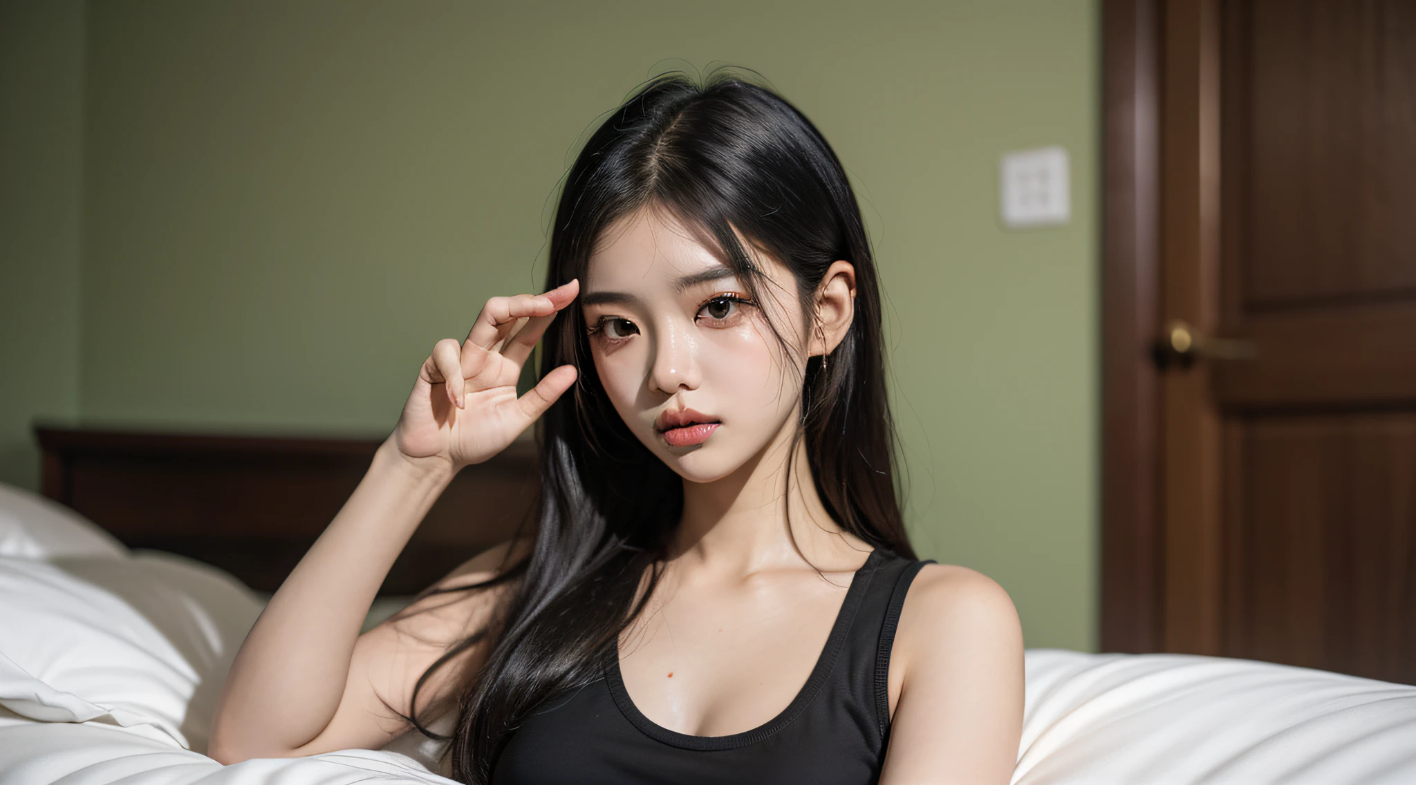Asian woman araffed in a black top and jean shorts sitting on a bed, with his right hand raised, with the thumb of the right hand facing upwards, linda mulher coreana jovem, coreana, Beautiful Asian girl, Mulher sul-coreana bonita, thumb of right hand up, right hand close to face, mulher coreana jovem bonita, she is wearing a black tank top, usando uma camiseta regata de corte baixo, good young girl, Mulher coreana, tanque preto apertado, Roupa aberta v peito, Asian girl, with his right hand raised