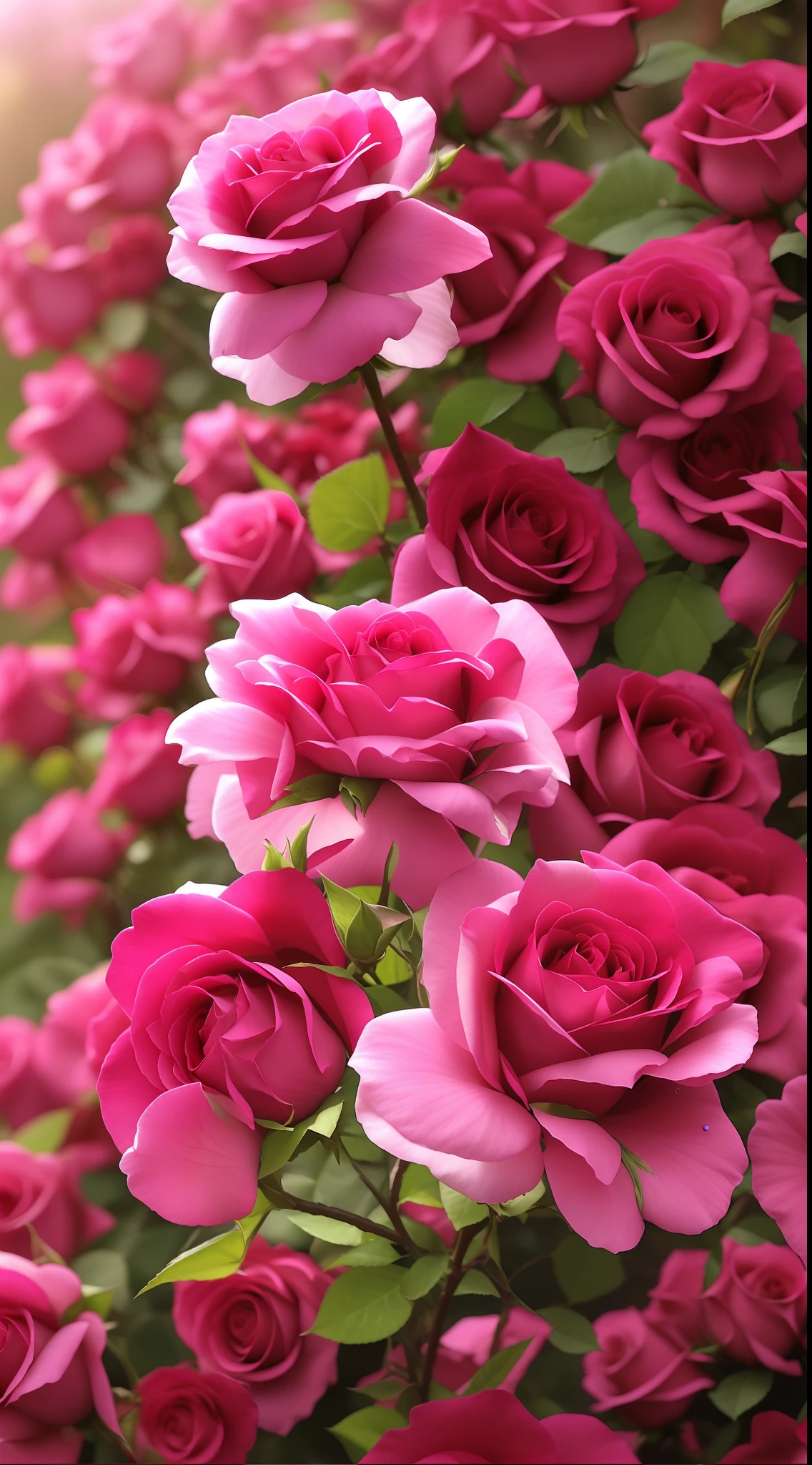 Many pink roses bloom in the garden, rosa bonheurn, rose-brambles, rose twining, rosette, a few roses, Red and magenta flowers, natural point rose', Rose garden, small red roses, rich deep pink, Magenta and blue, Rozen Maiden, Red roses, roses in cinematic light, Incredibly beautiful, vivid and vibrant