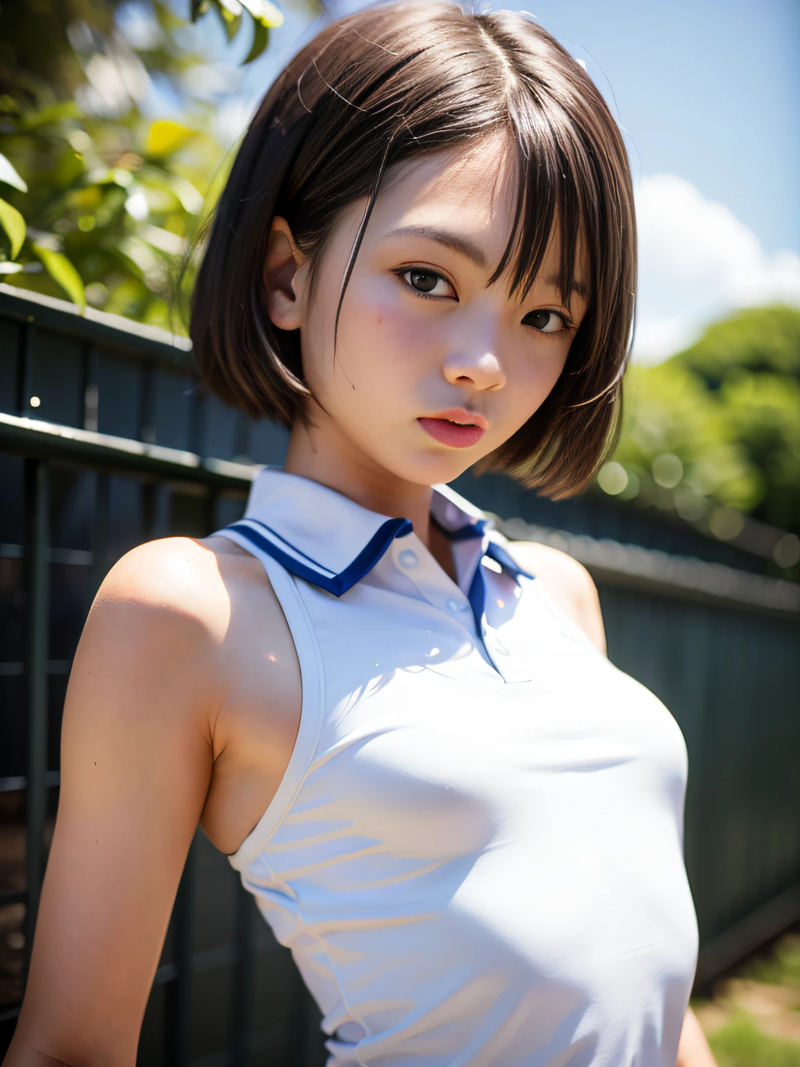 C Cup、nippless、女の子1人、独奏、White polo shirt、White sneakers、Tennis Wear、White mini skirt、​masterpiece、top-quality、realisitic、Hyper-detailing、(Glossy skin、be sweaty:1.4)、absurderes、Looking at the camera、short dark hair、brown-eyed、A slender、动态照明、hight resolution、foco nítido、depth of fields、A detailed eye、Sharp eyes、Realistic eyes、(small :1.6)、(thick thight:1.0)、outside of house、Skysky