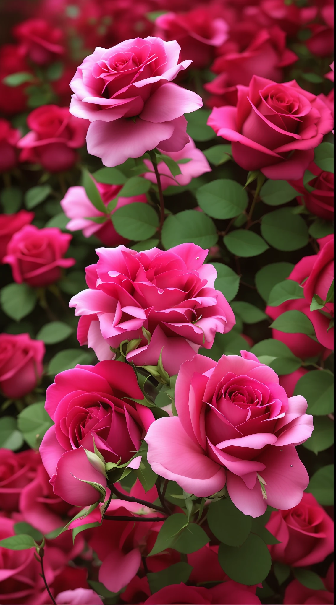 Many pink roses bloom in the garden, rosa bonheurn, rose-brambles, rose twining, rosette, a few roses, Red and magenta flowers, natural point rose', Rose garden, small red roses, rich deep pink, Magenta and blue, Rozen Maiden, Red roses, roses in cinematic light, Incredibly beautiful, vivid and vibrant