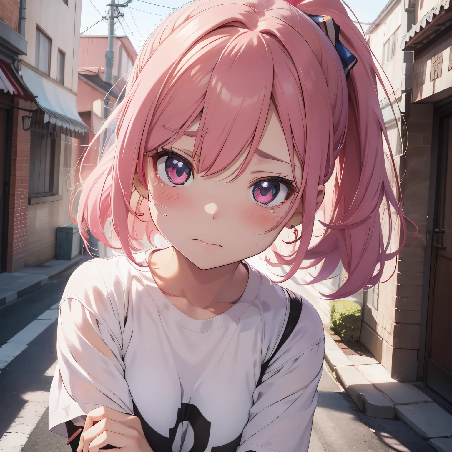 Lection Style, anime moe art style, Casual pose, High quality anime art style, Anime style. 8K, photorealistic anime girl render, made with anime painter studio, artwork in the style of guweiz, realistic anime 3 d style, anime styled 3d　Soio　Pink hair color child　Low ponytail　white  clothes　Has a sad face　Cover with hands、crying how bright　sad Facial expression　Swollen eyes　lamentation　I'm crying　lamentation　Falling and crying　fall