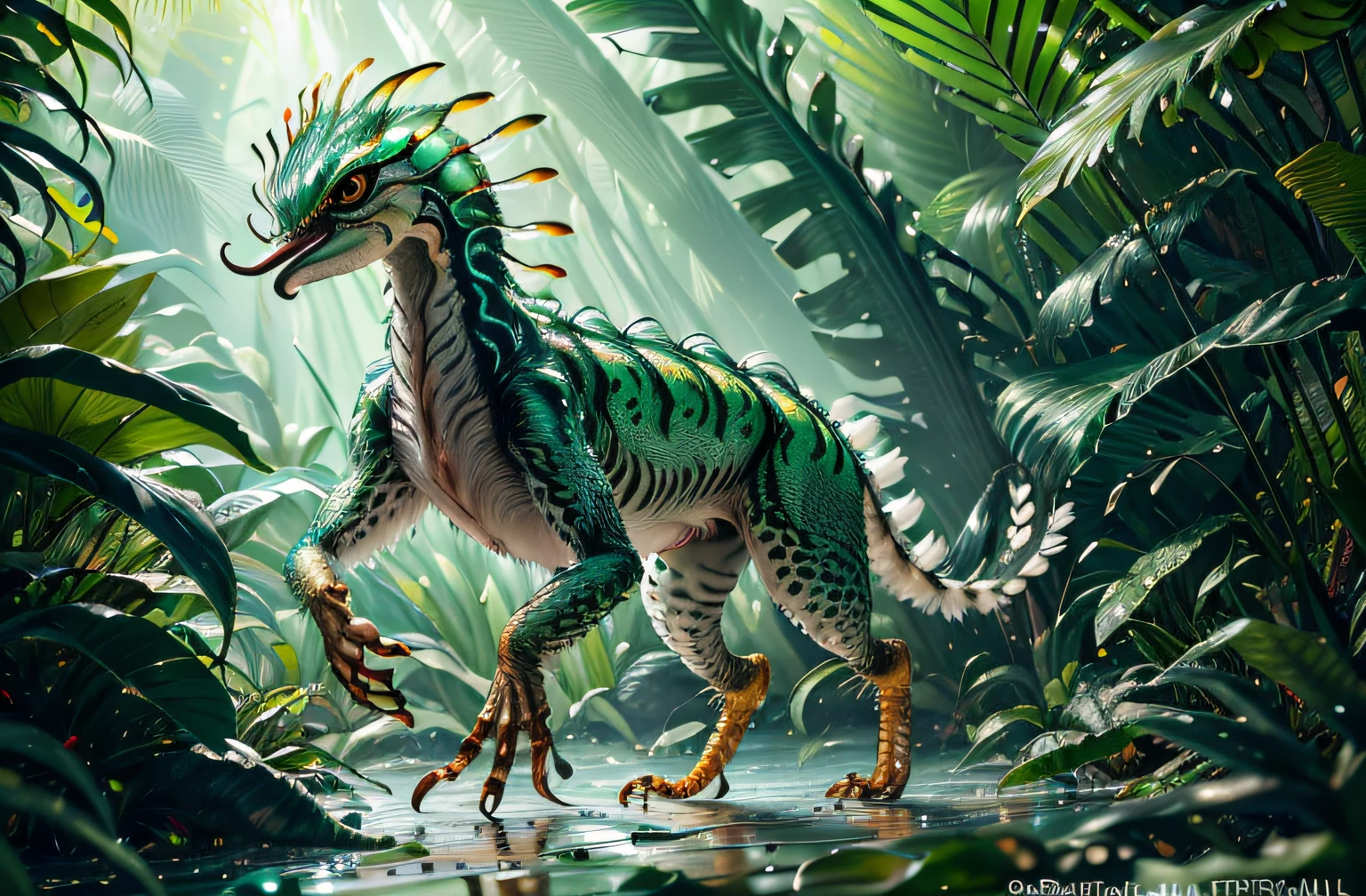 four-legged monkey creature, predator creature with (long monkey tail), slim like Cheetah with green feathers and beak. predator creature like gepard with feathers ((four legs)) slender, long body with feathers, green gepard body with feathers, long legs creature with transparent and lighting body, walking on all six legs, (((cuttlefish head))), ((four eyes)),jellyfish transparent body, 4 leghs, in the jungle, jungle, rain forest, high image quality, realistic look, high-resolution photography, 8K, full-frame matrix, deep shadows, ((one character)), (intricate details, subsurface scattering, hyperdetailed:1.15), (hyperrealism, volumetric lighting, sharp:1.5) Fujifilm XT3