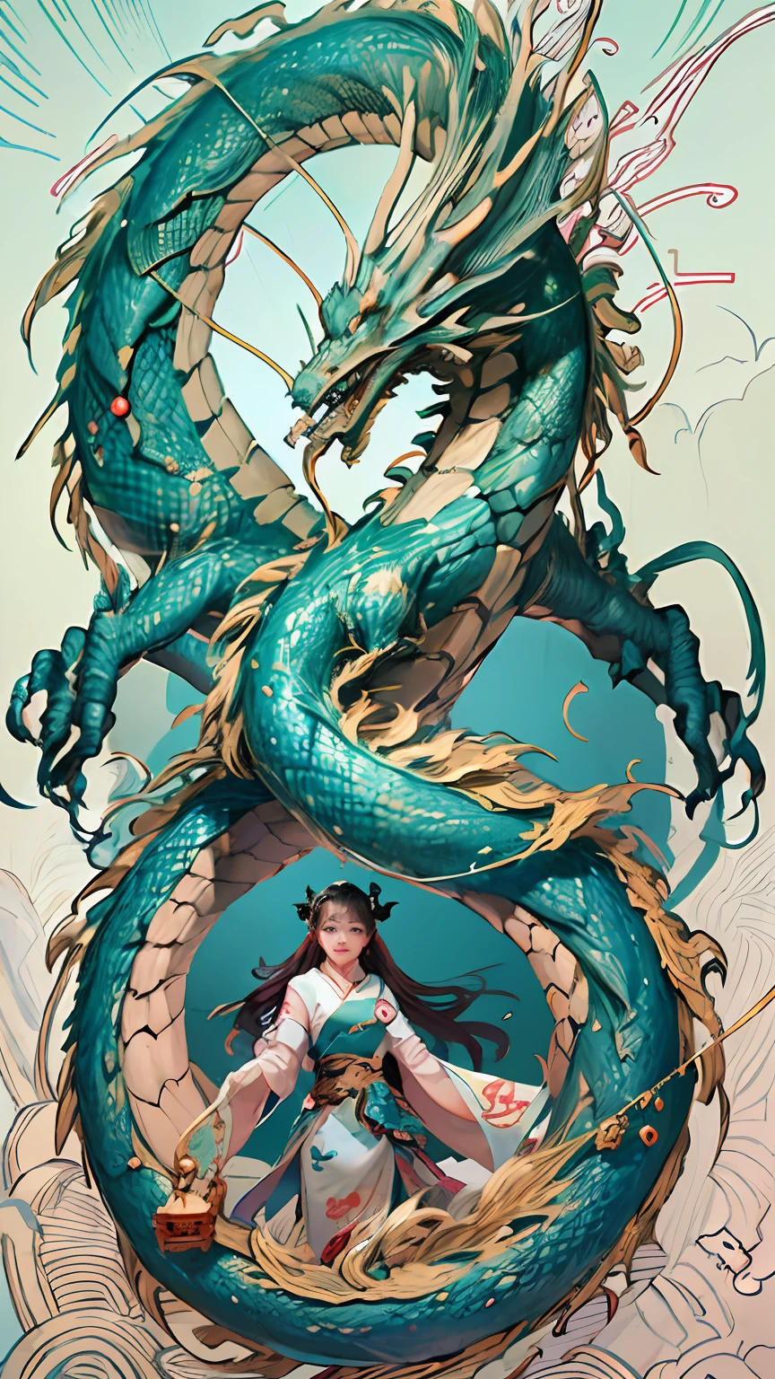 Official Art, 统一 8k 壁纸, ultra-detailliert, Beautifully Aesthetic, masterpiece, top-quality, (Zentangle, Tangles, entanglement), (Fractal art: 1.4), 1girl, A dark-haired, , ighly detailed, dynamic ungle, (flying sky: 1.5), Chinese Dragon, Dragon flying in the sky、(Girl Transported by a Dragon:1.5)、Looking through binoculars