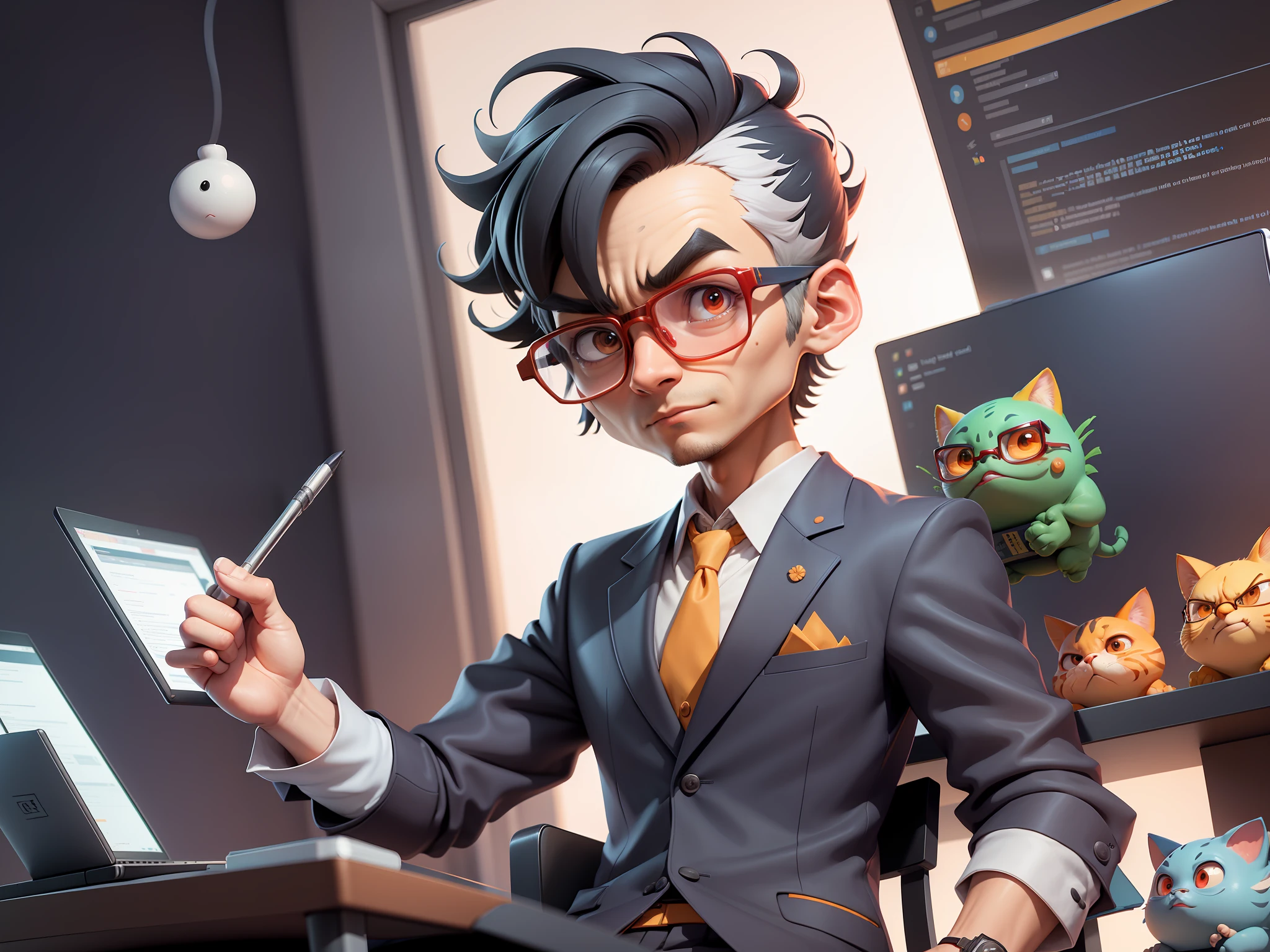 A young man in a suit, Short hair and glasses sat at his desk,holding laptop,digitial painting,tigre,3D character design by Mark Clairen and Pixar and Hayao Miyazaki and Akira Toriyama,4K HD illustration,Very detailed facial features and cartoon-style visuals。